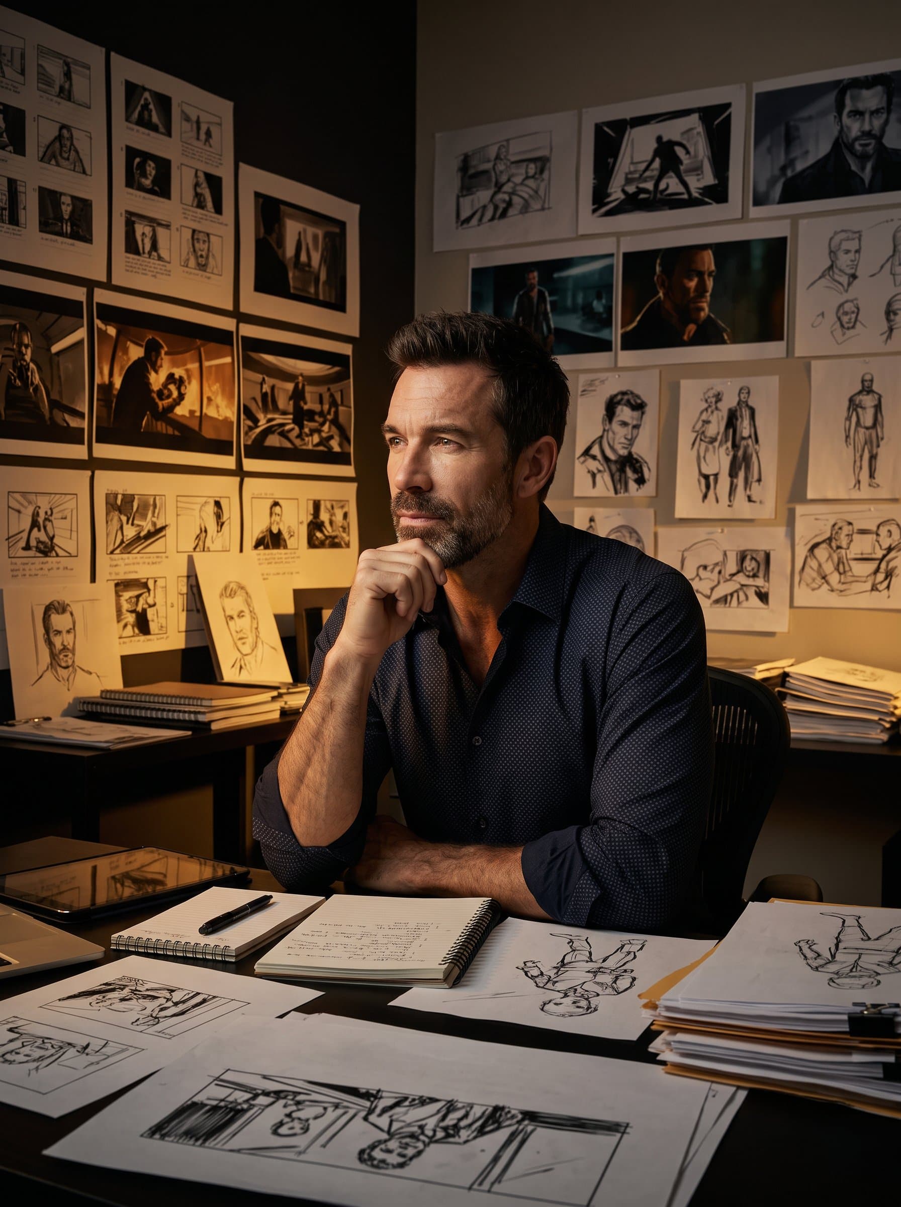 : Illustrate a creative content creator with a reflective expression, surrounded by a variety of storyboards. The lighting should be moody and artistic, emphasizing their storytelling and imaginative skills.
