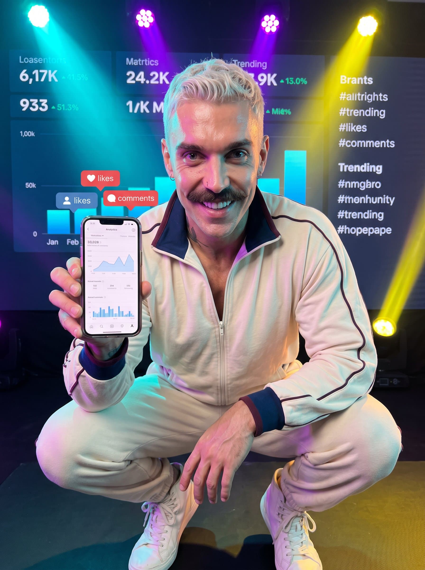 : Depict a creative social media coordinator with a mischievous smile, mobile device in hand, against a backdrop of social engagement metrics. The lighting should highlight their vibrant energy and digital savviness.