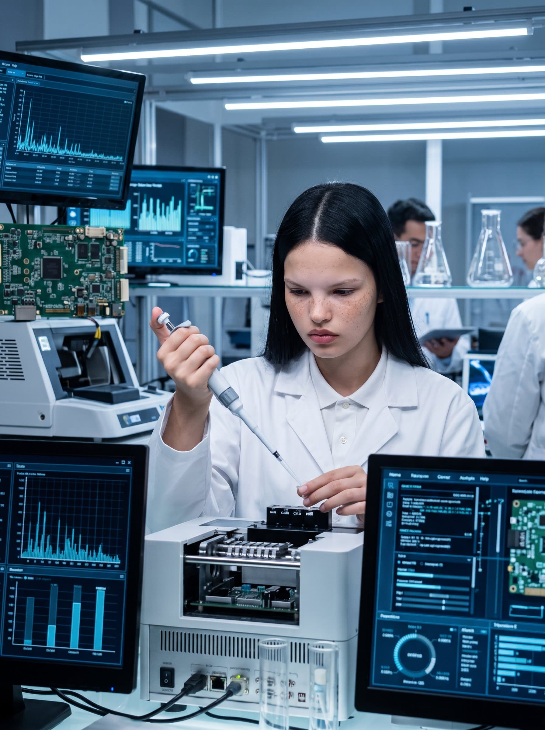 : Portray a pioneering researcher in a lab coat, surrounded by high-tech equipment. The lighting should be cool and precise, capturing the essence of scientific exploration and cutting-edge innovation.