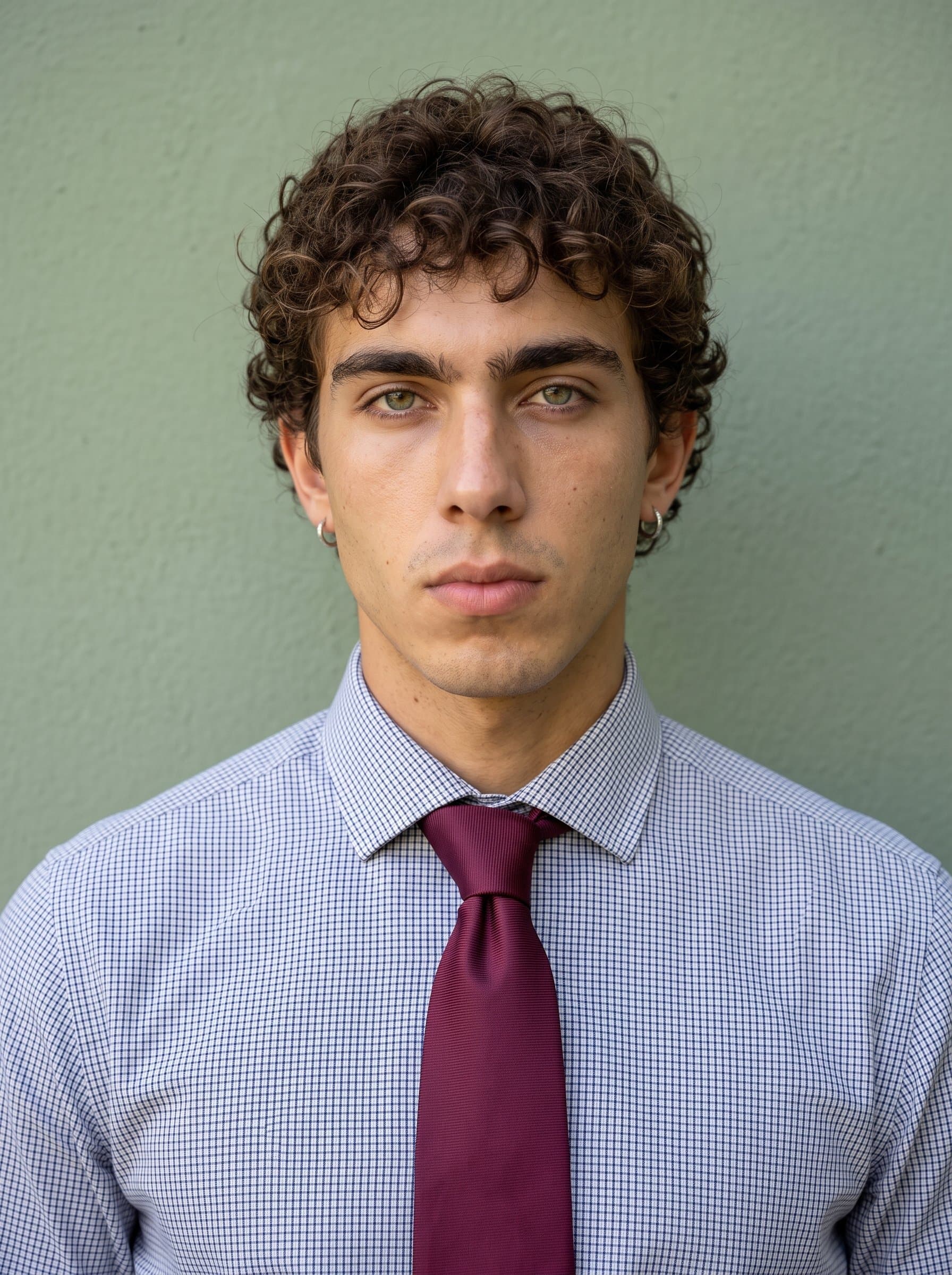 : Illustrate a confident future doctor wearing a subtle checkered shirt and a solid burgundy tie. The background is a muted green shade that complements their attire, enhancing the professional look.