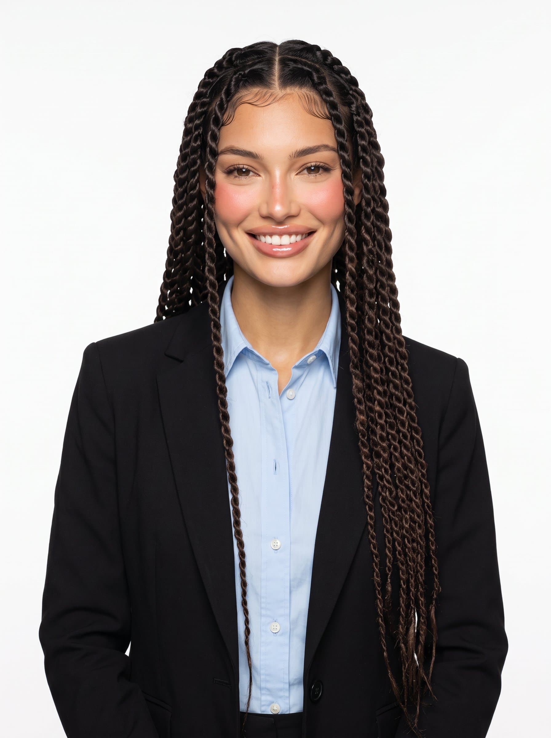 : Portray an approachable medical candidate with an engaging expression. Attire includes a tailored black blazer and a pale blue collared shirt. Set against a clean, white background highlighting professional demeanor.