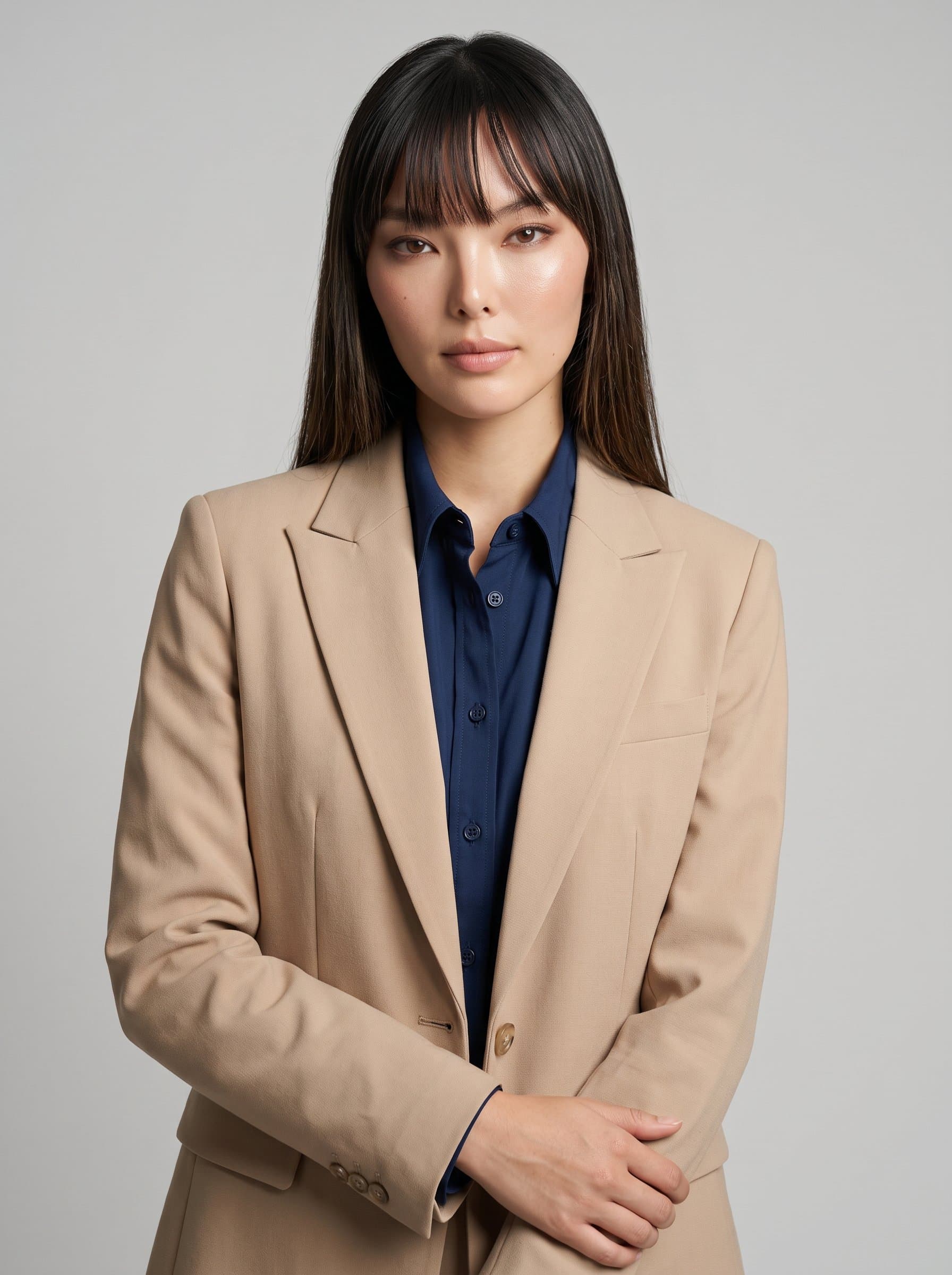 : Exhibit a composed and confident future physician wearing a neat beige blazer and dark blue shirt. Use a neutral light gray background to accentuate facial features and emphasize professionalism.