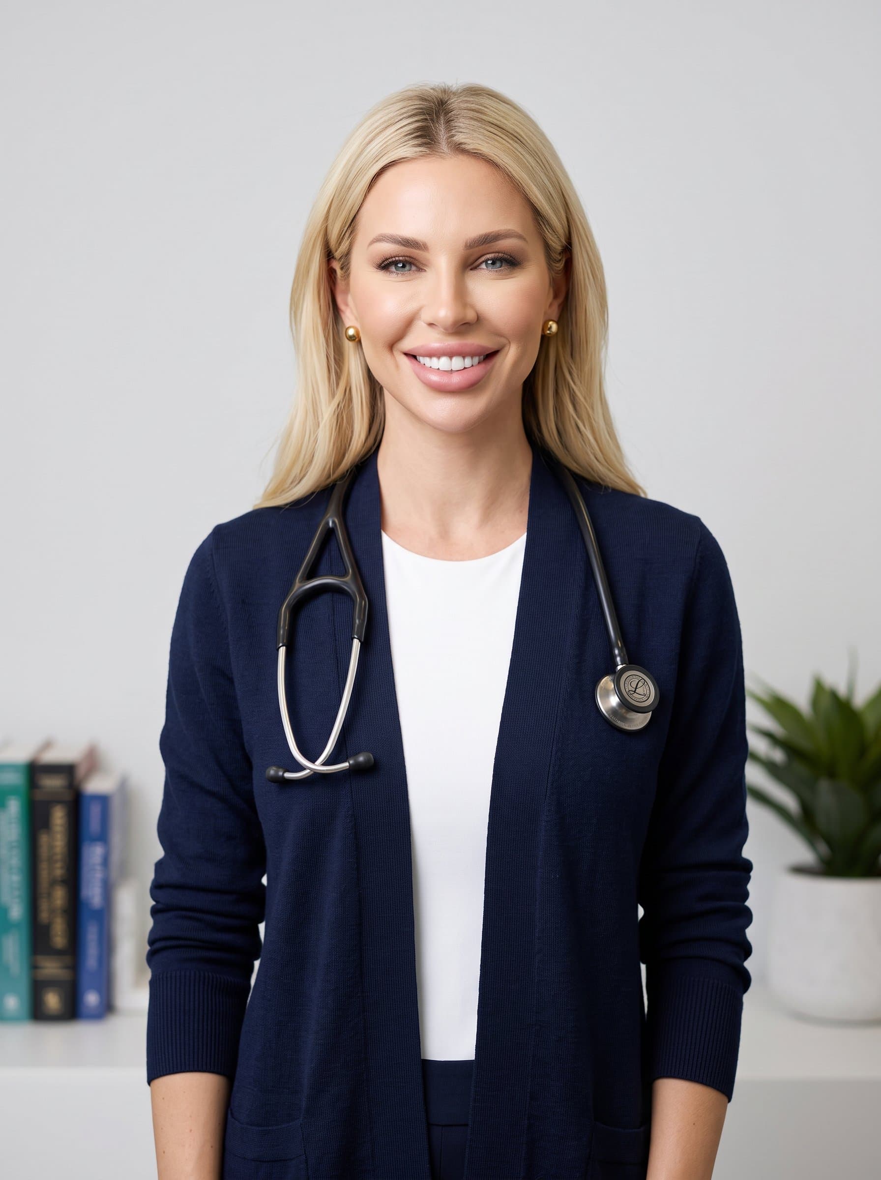 : Portray an approachable medical professional in a chic navy cardigan over a simple white top. A clean, soft gray background ensures focus on warmth and professionalism in the expression.