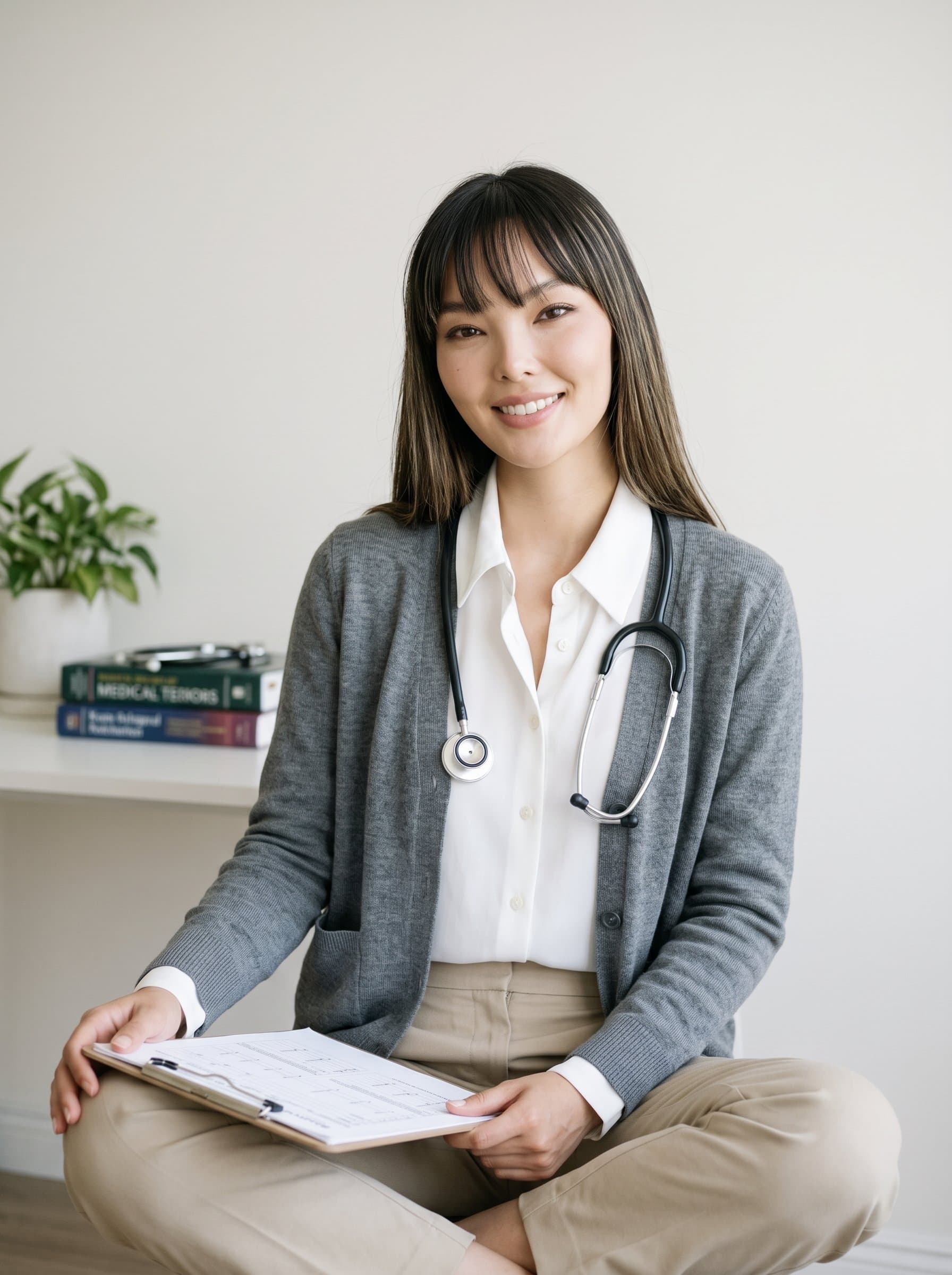 : Capture the essence of professionalism in a future medical resident with a smart gray cardigan over a white blouse. A clean off-white background ensures a focus on approachability and confidence.