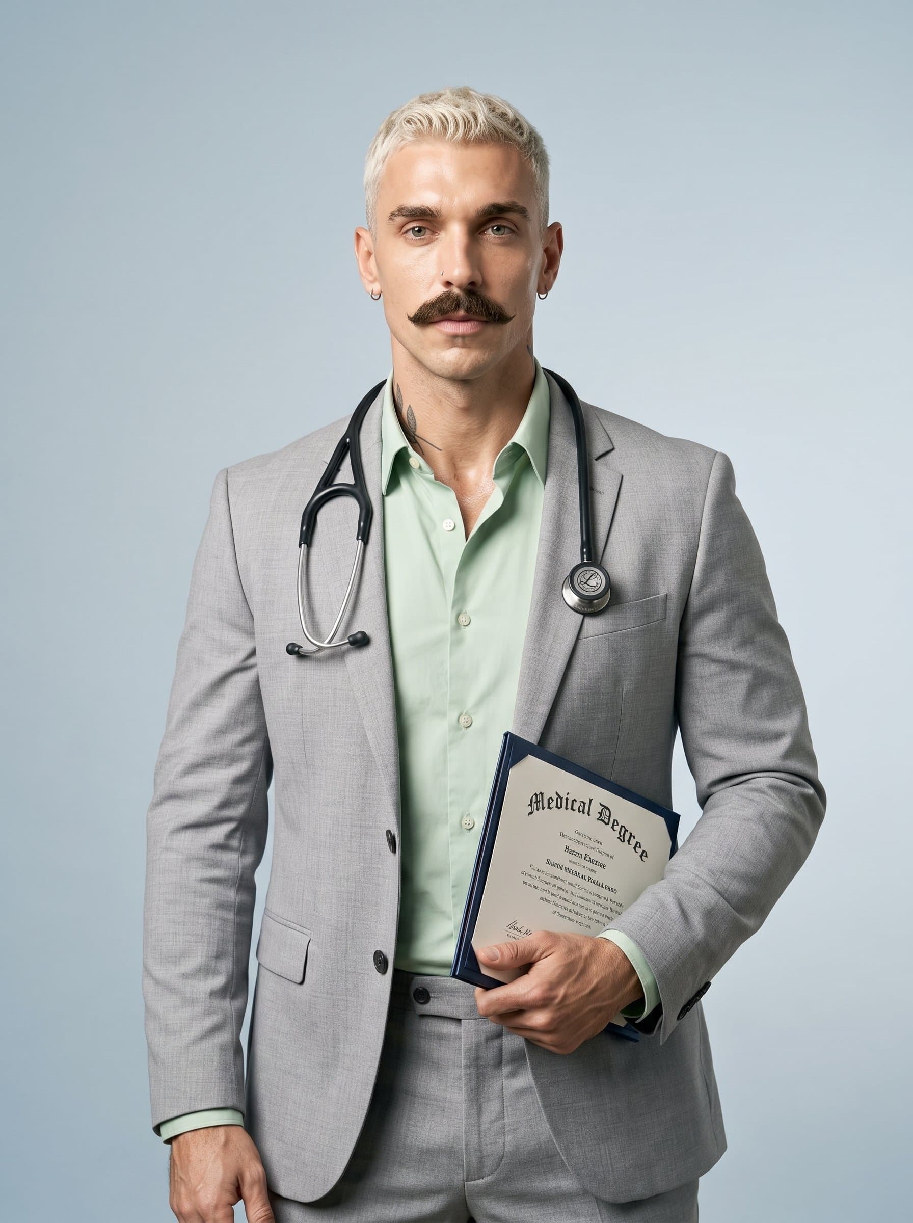 : Exhibit a serene and confident aspiring physician dressed in a light gray suit with a pastel green shirt. A neutral pale blue background complements a friendly and professional expression.