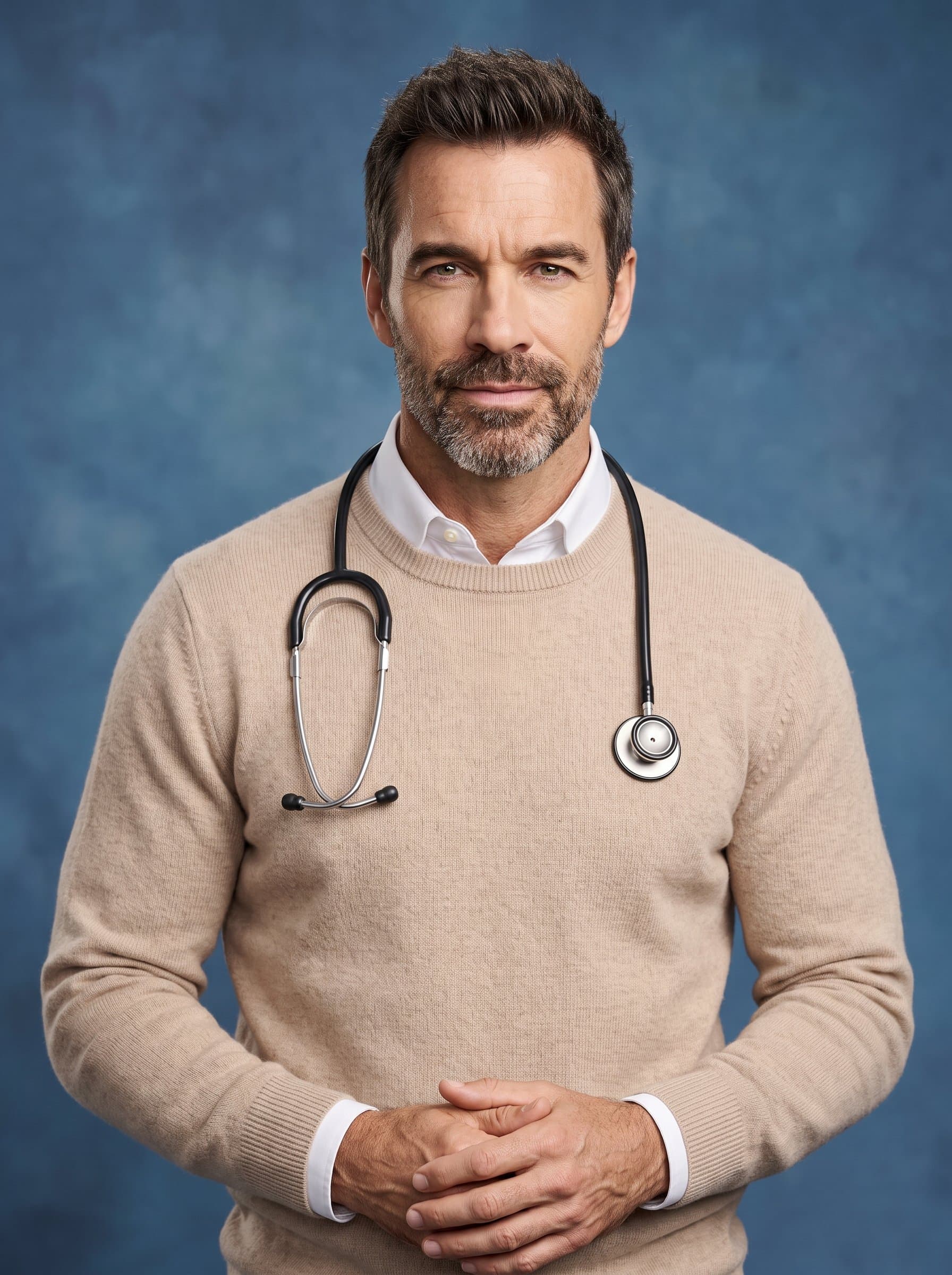 : Show a poised and professional future doctor in a soft beige sweater over a white collared shirt. Use a smooth blue background to underscore confidence and approachability in the medical field.