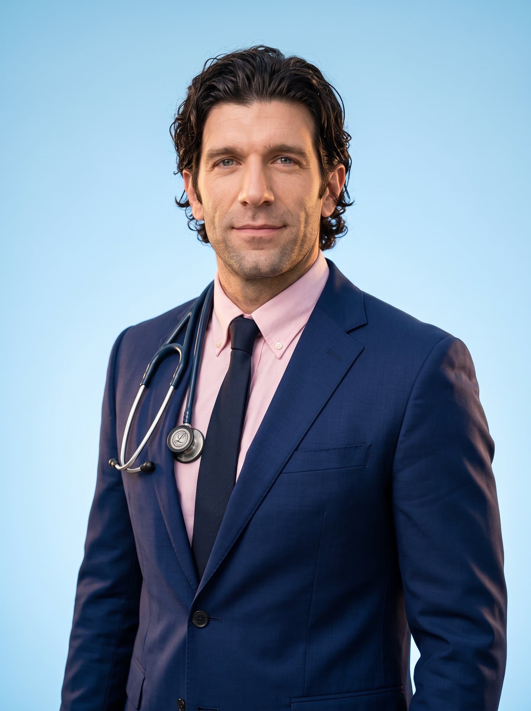 : Highlight an aspiring doctor wearing a sharp tailored navy suit, complimented by a soft pink shirt. Background to be a smooth, gradient sky blue, exuding calm and confidence.