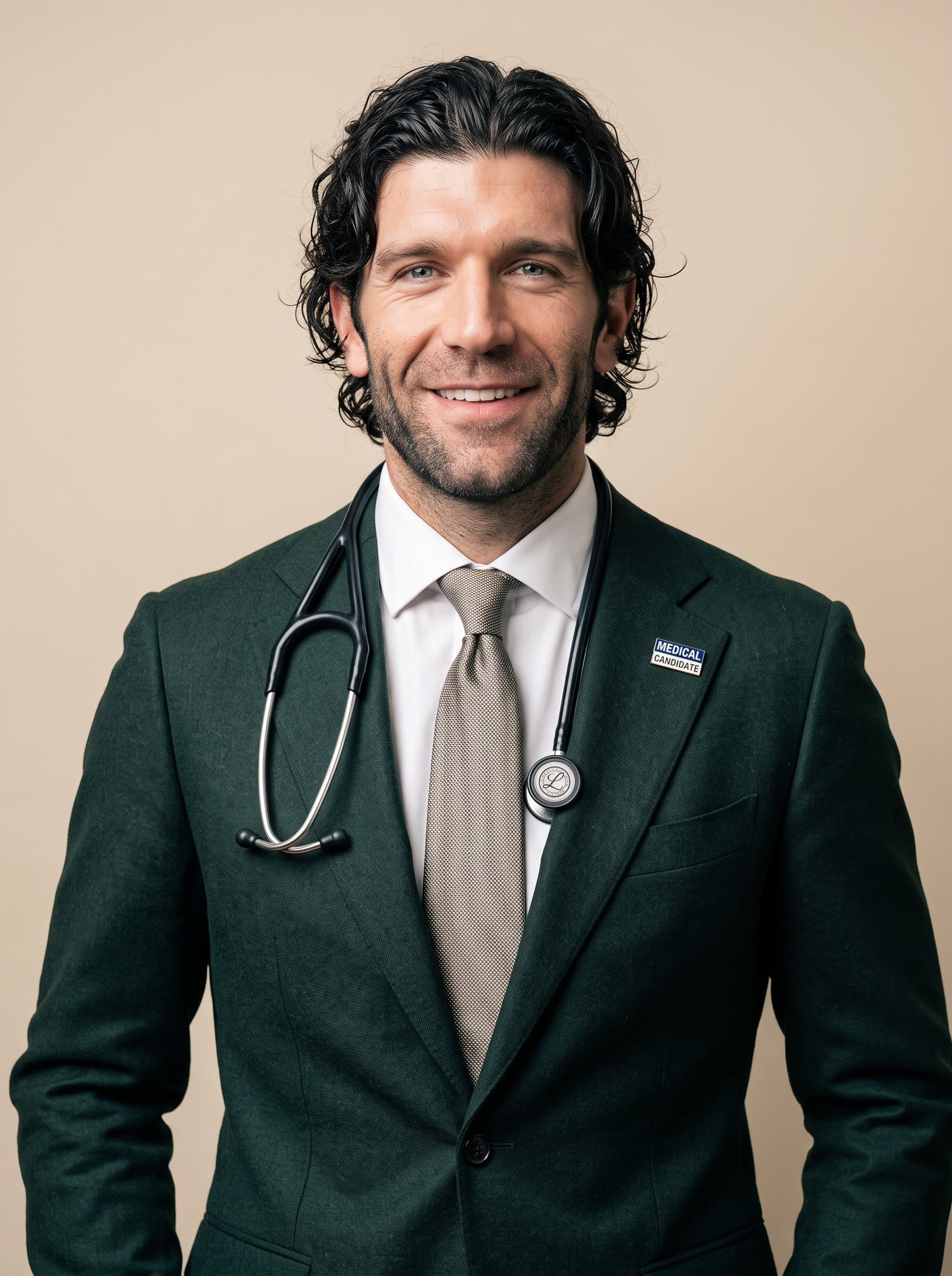 : Present a dynamic medical candidate in a dark forest green suit paired with a crisp white shirt. The backdrop is a simple beige, enhancing the man's professional and inviting appearance.