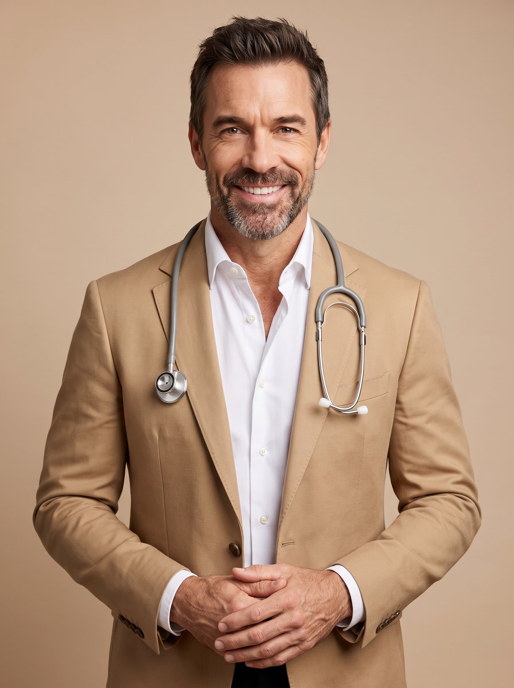 : Highlight a confident and inviting medical candidate wearing a tan blazer and a crisp white shirt. Set against a soft beige background to emphasize their professional yet welcoming demeanor.