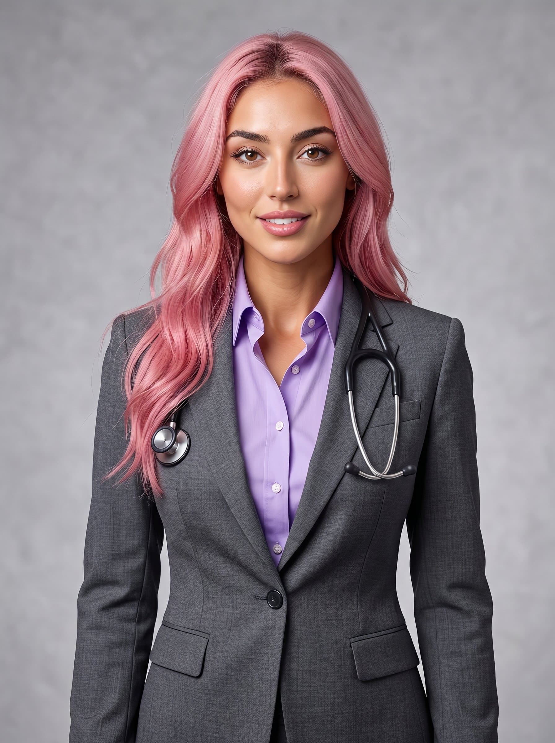 : Depict a vibrant medical resident in a fitted charcoal suit with a lavender shirt. A light gray backdrop adds depth, ensuring their confidence and professionalism stand out clearly.
