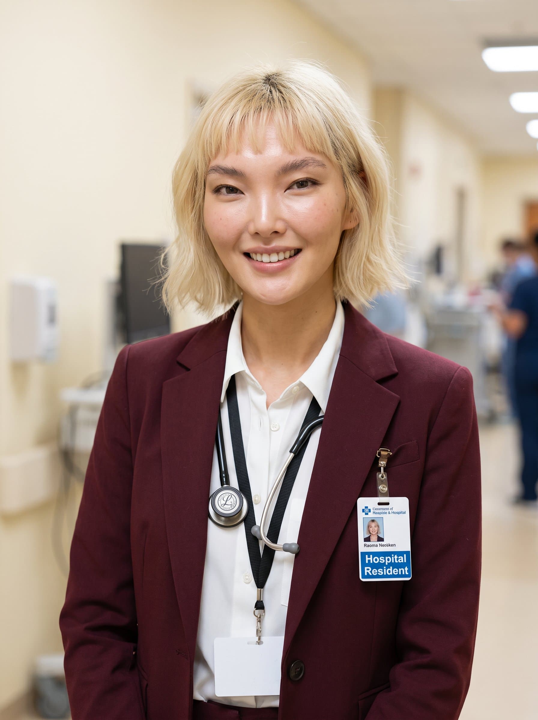 : Depict a friendly medical resident in a tailored maroon blazer over a light-colored shirt. The backdrop is a subtle cream that enhances both the attire's elegance and the woman's inviting expression.