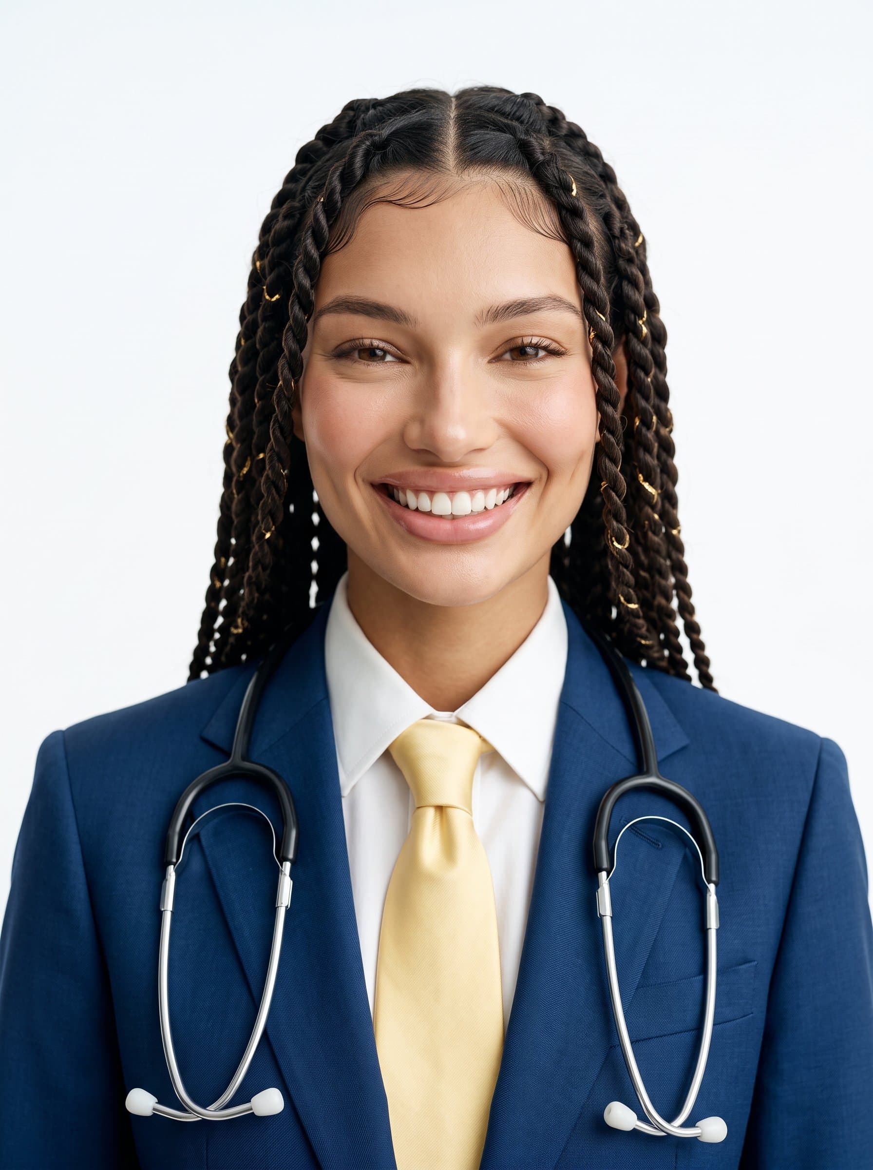 : Illustrate a reliable future doctor in a deep blue suit accompanied by a soft yellow tie. The sleek white background enhances their professional look, drawing attention to an engaging facial expression.