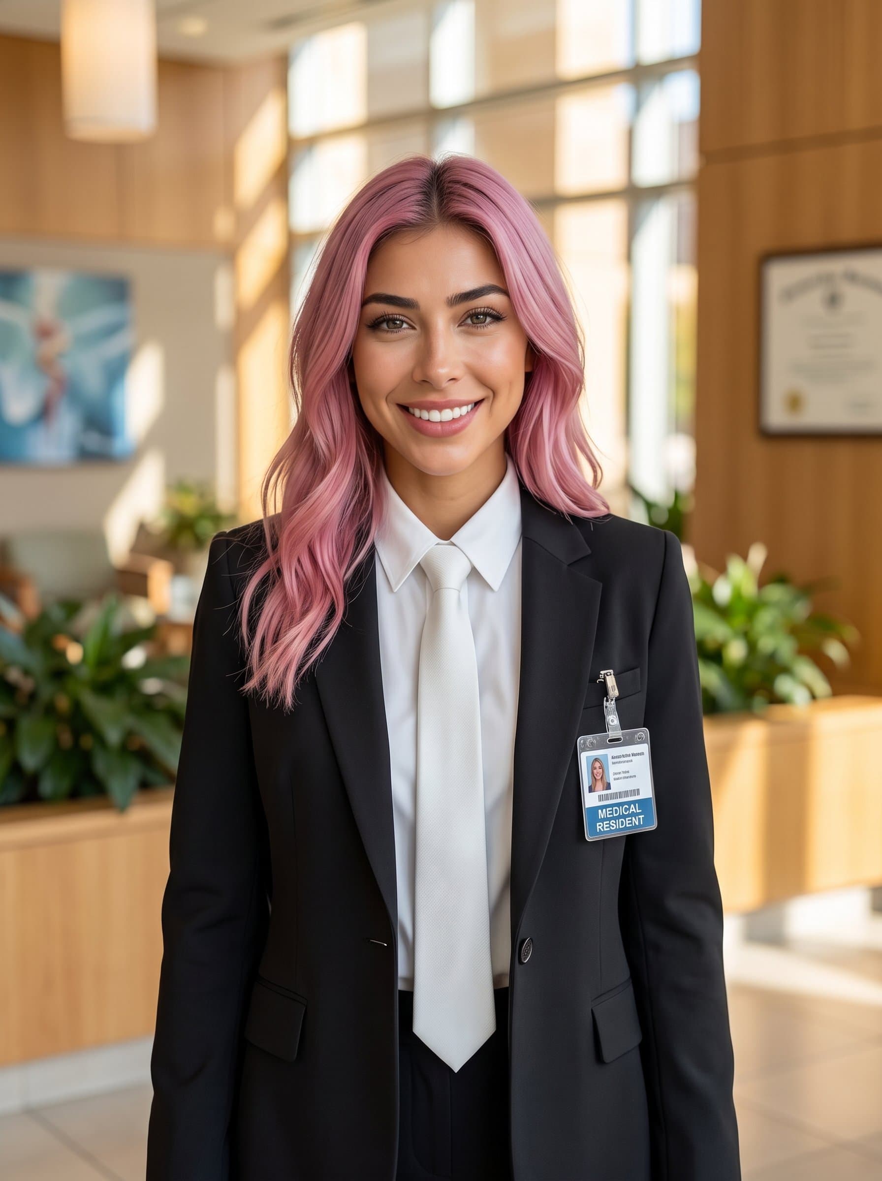 : Capture an engaging, future medical resident in a classic black blazer with an understated white tie. A warm backdrop highlights the approachable and professional demeanor required for success.