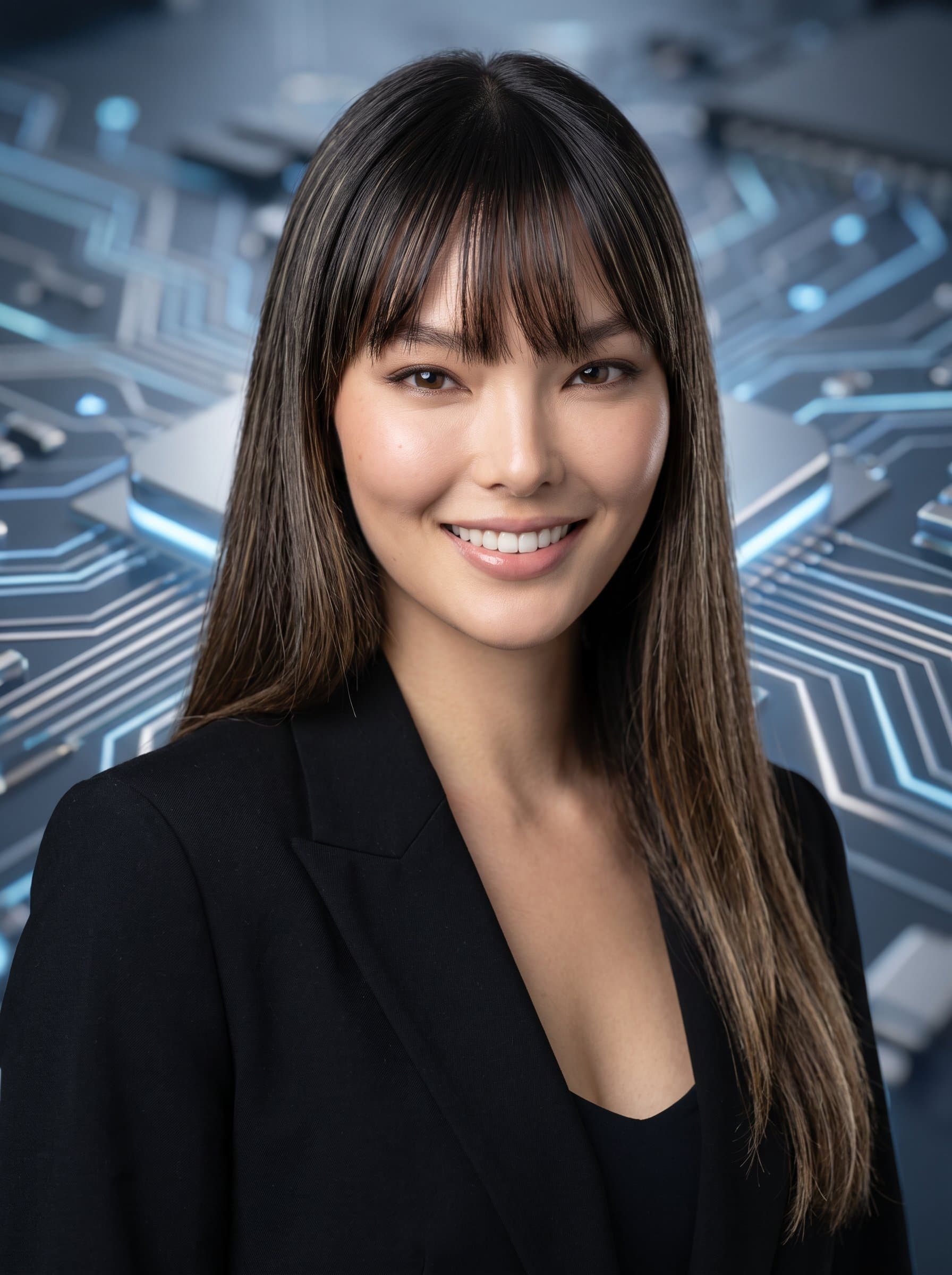 : A professional AI headshot featuring a developer with a confident expression, set against a sleek digital circuit background. Soft blue and silver tones suggest innovation. Clean lighting emphasizes the woman's facial features.