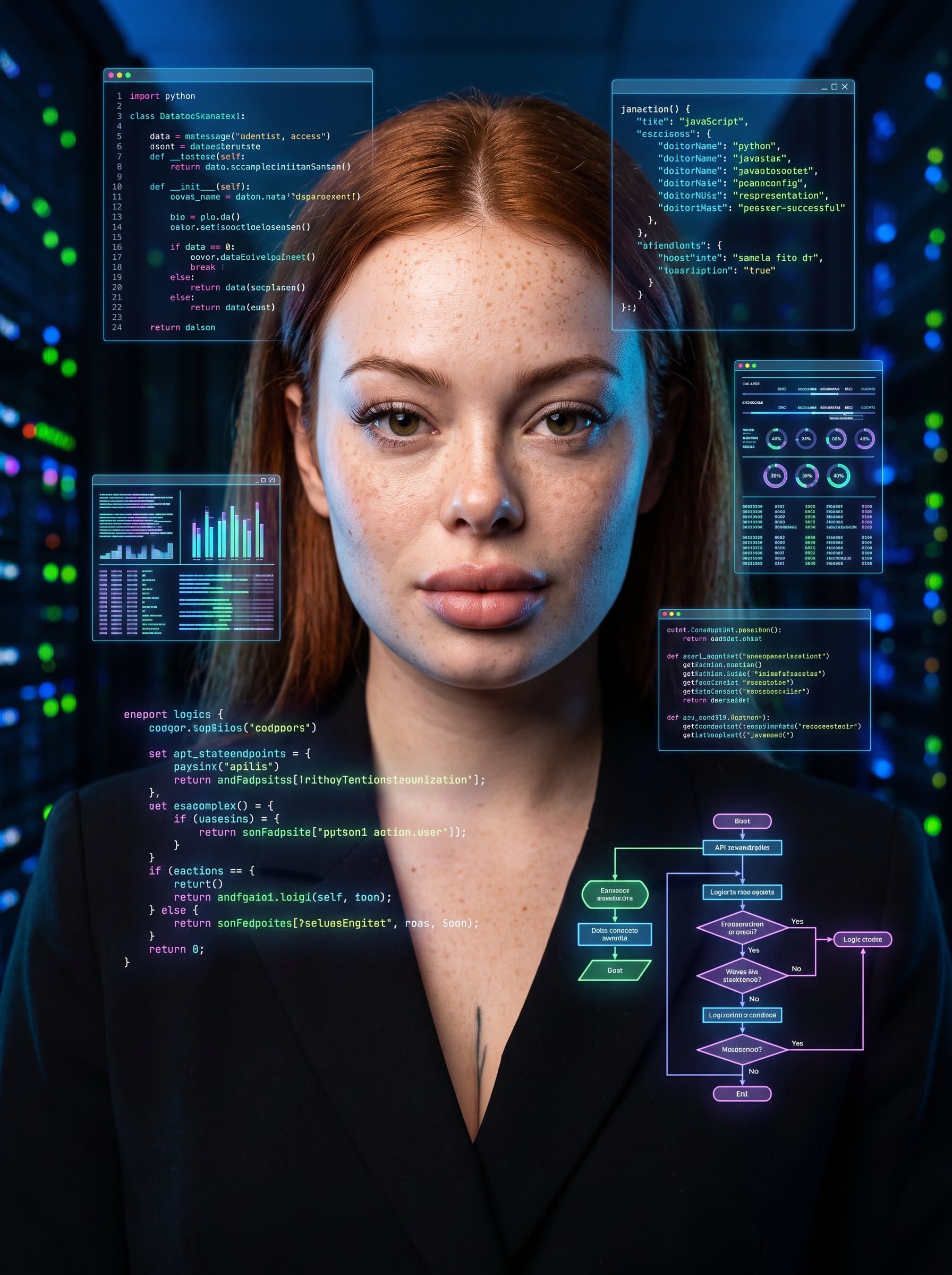 : Highlight a developer's expertise with a headshot featuring holographic elements around the woman's silhouette. A sharp focus on facial features with a dark, digital-themed background for an innovative touch.
