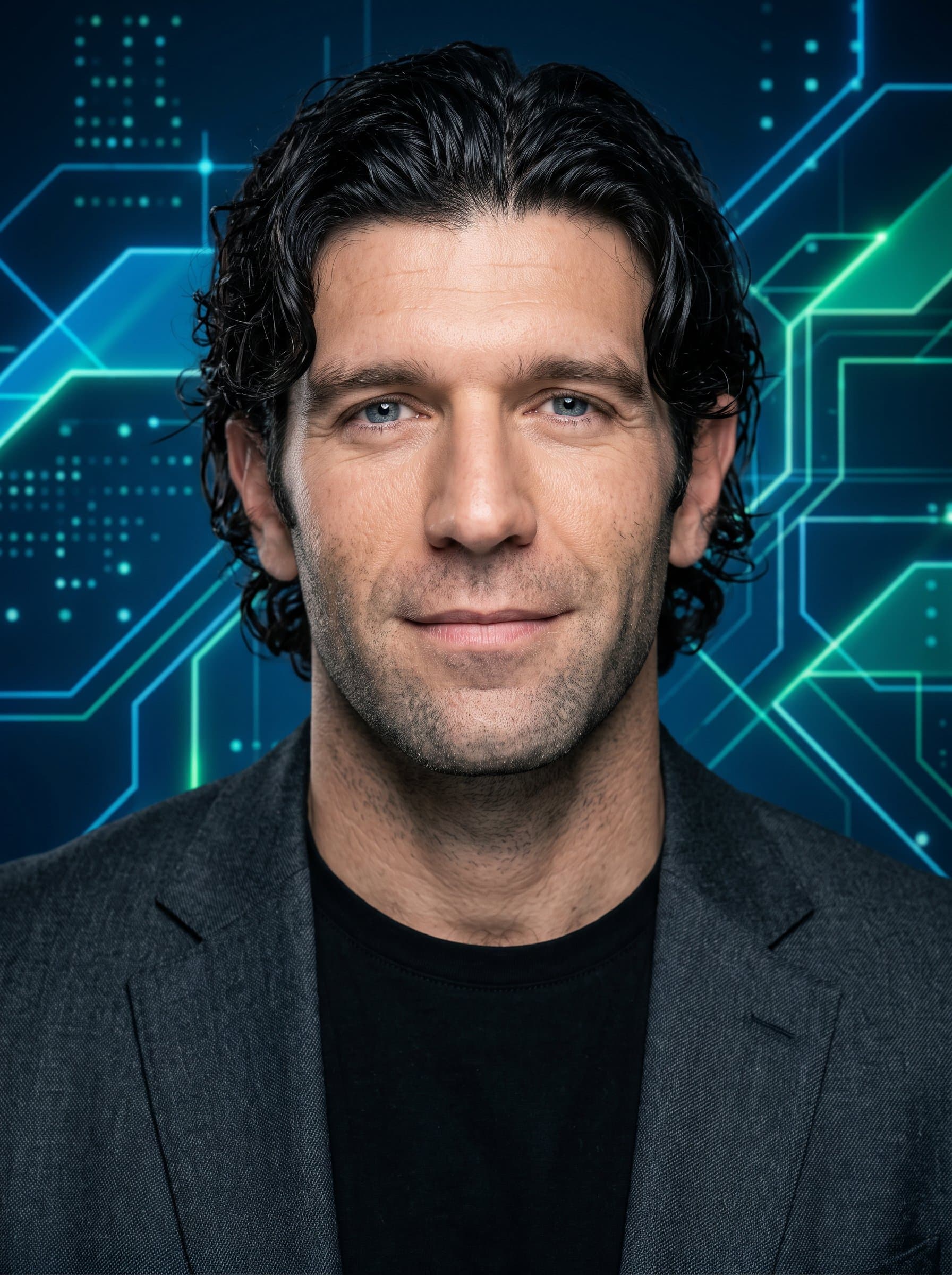 : A distinguished AI-generated headshot featuring a developer against a backdrop of abstract tech lines. Use soft blue and green tones to suggest innovation, with flattering lighting for defined facial features.