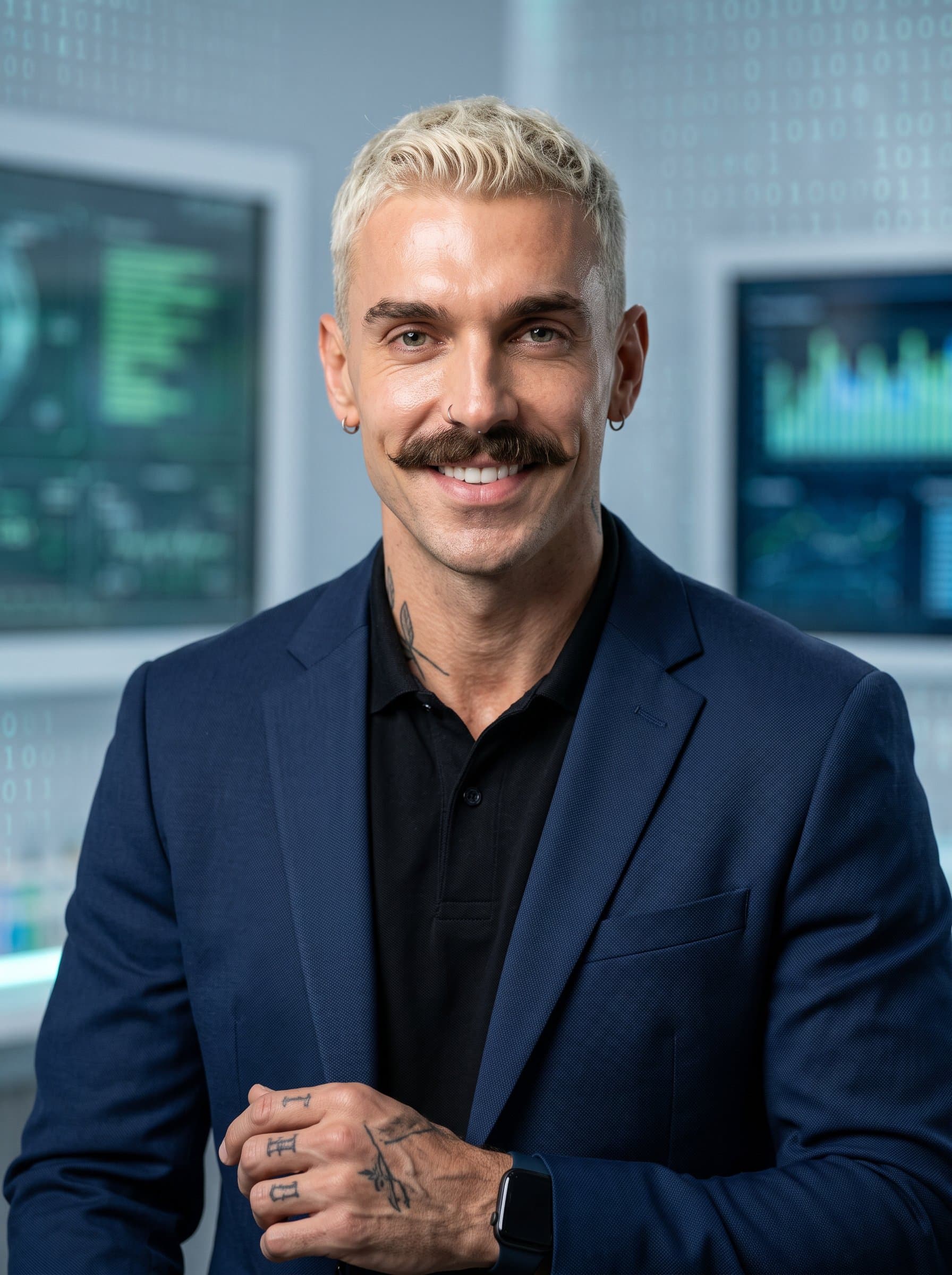 : Capture a tech-savvy developer's headshot with a futuristic vibe. Include subtle binary code patterns in the background. The man's face is well-lit, showcasing a blend of creativity and professionalism.