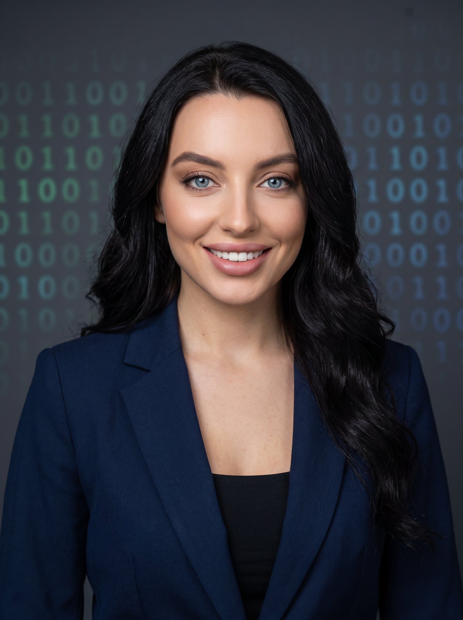 : Convey tech expertise with a headshot against a minimalistic binary code backdrop. Ensure crisp lighting on the woman's face, highlighting a confident expression and clear definition of features.