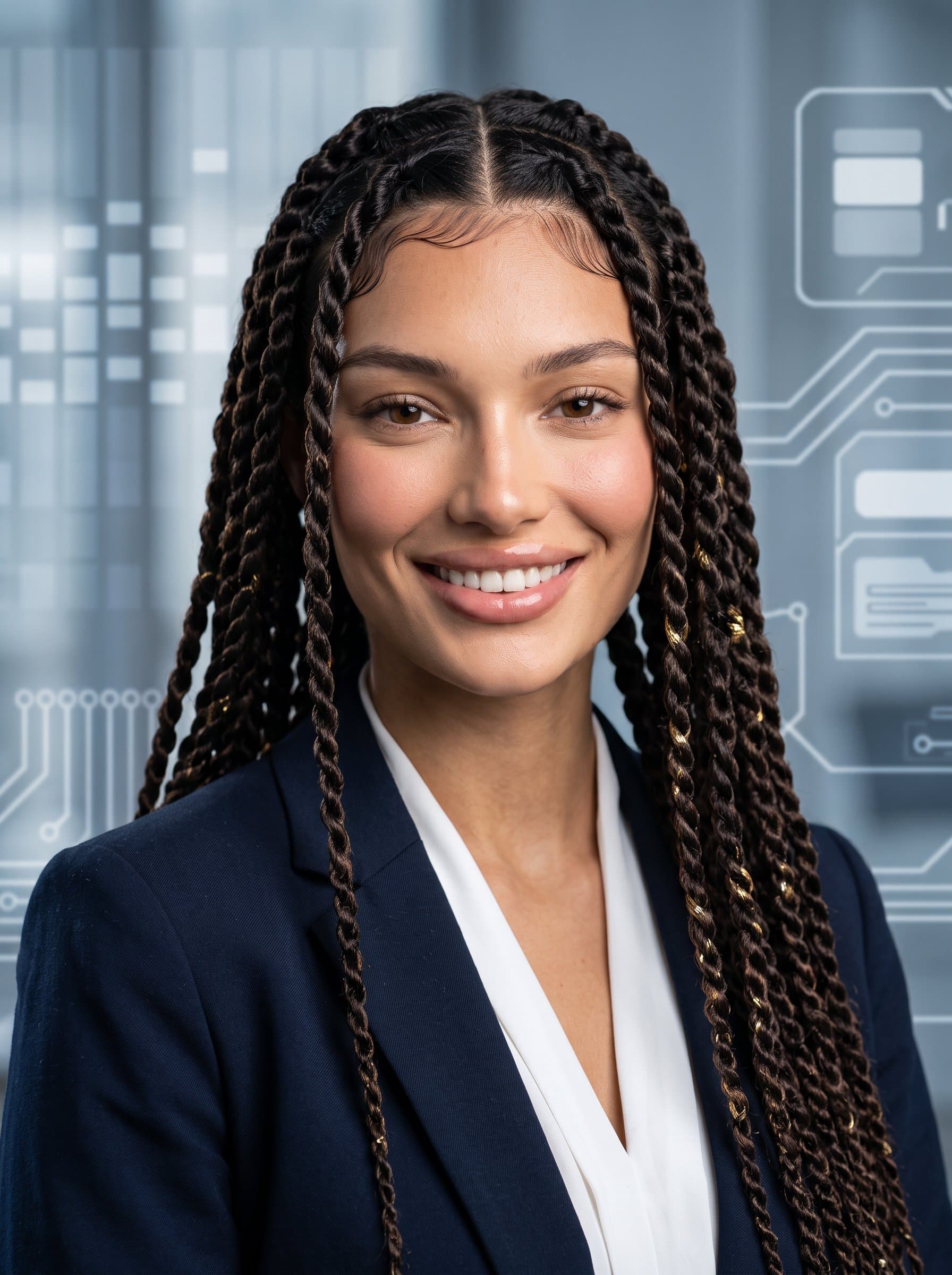 : Create a headshot that conveys technical mastery with a minimalist background featuring abstract tech shapes. The woman's facial features are clearly defined, with lighting enhancing a professional expression.