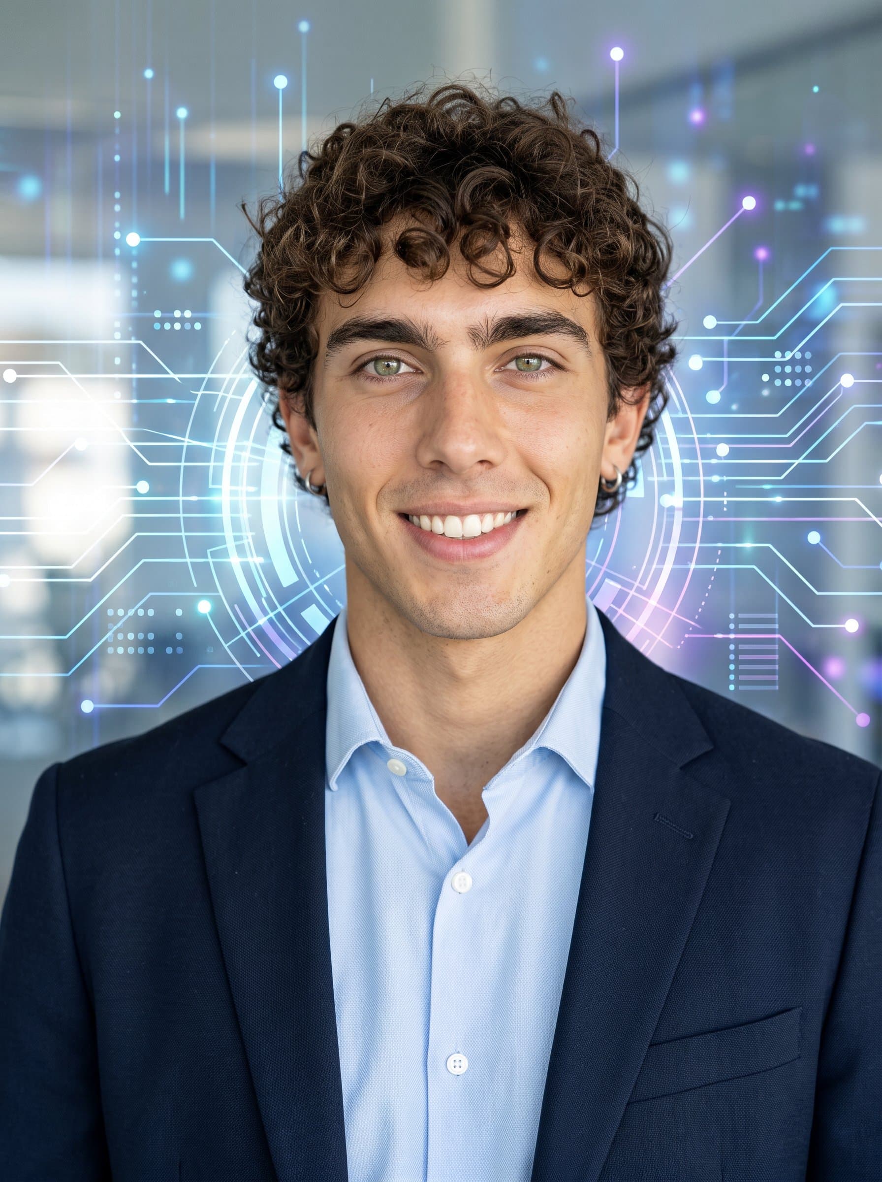 : A developer headshot with a polished, professional look. Incorporate digital network motifs in the background, focusing on a clear, confident expression with natural lighting on the man's face.