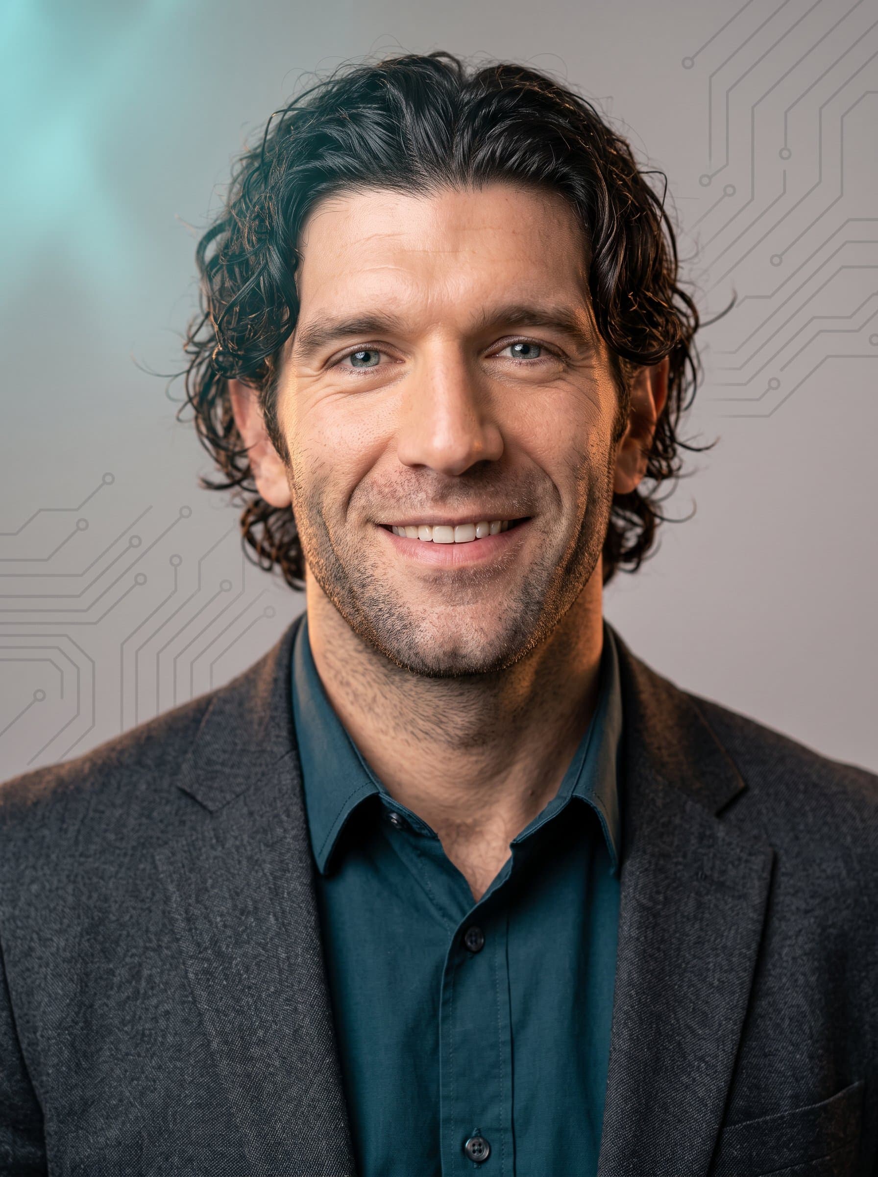 : Showcase a developer's professionalism in a headshot with a light grey background featuring faint circuit designs. Warm lighting enhances the facial features, while hints of teal add a creative flair.