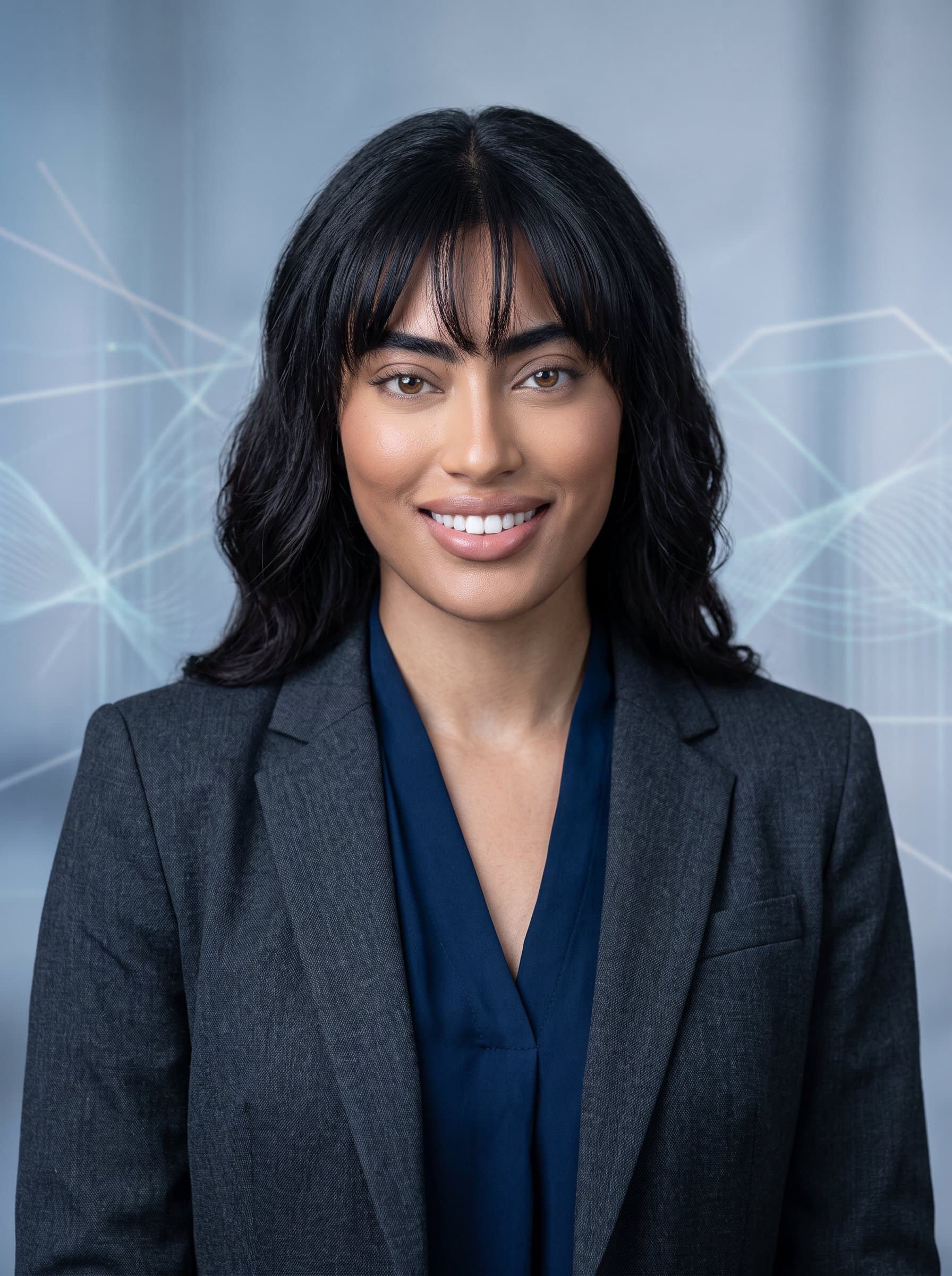 : Feature a modern developer in a headshot with subtle tech wave patterns in the background. A professional demeanor is highlighted by balanced lighting and a cool color palette.