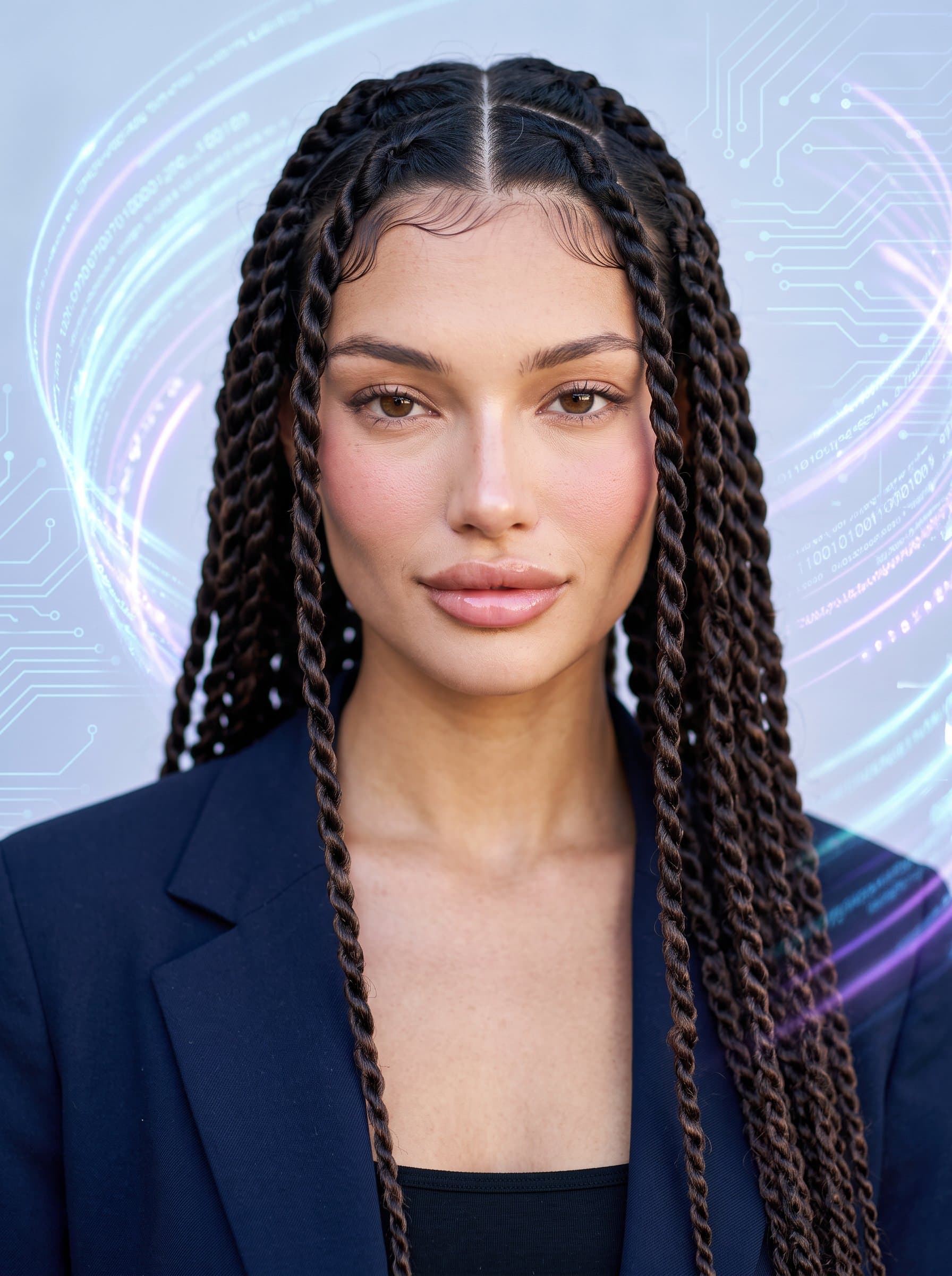 : A headshot of a developer framed by soft, swirling data streams. The background's subtle tech patterns enhance the woman's distinguished appearance, while natural lighting captures a clear and confident expression.