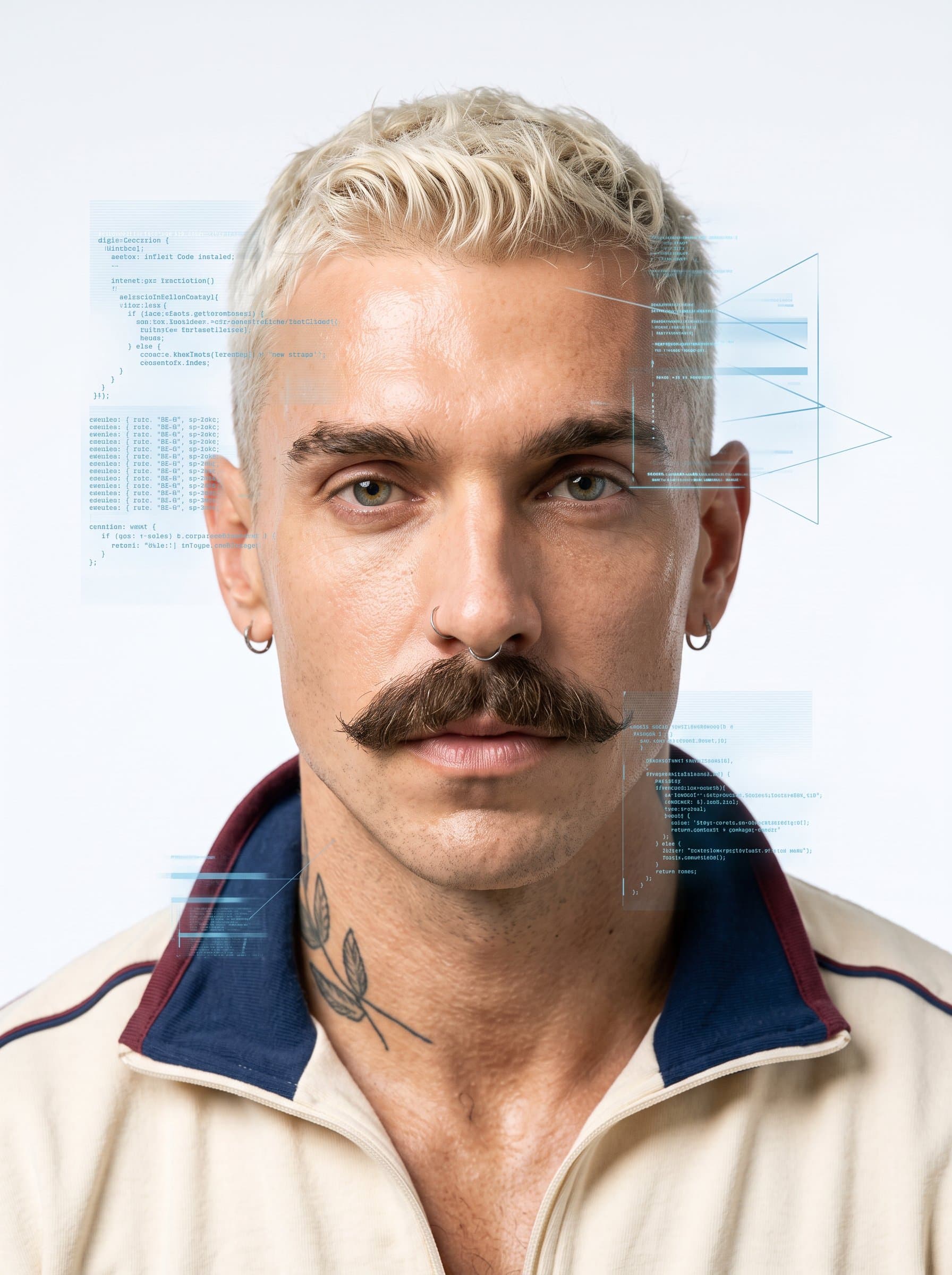 : Capture a headshot with a clean, white background and hints of digital artistry. The man's face is well-defined and bathed in natural light, conveying tech expertise and confidence.