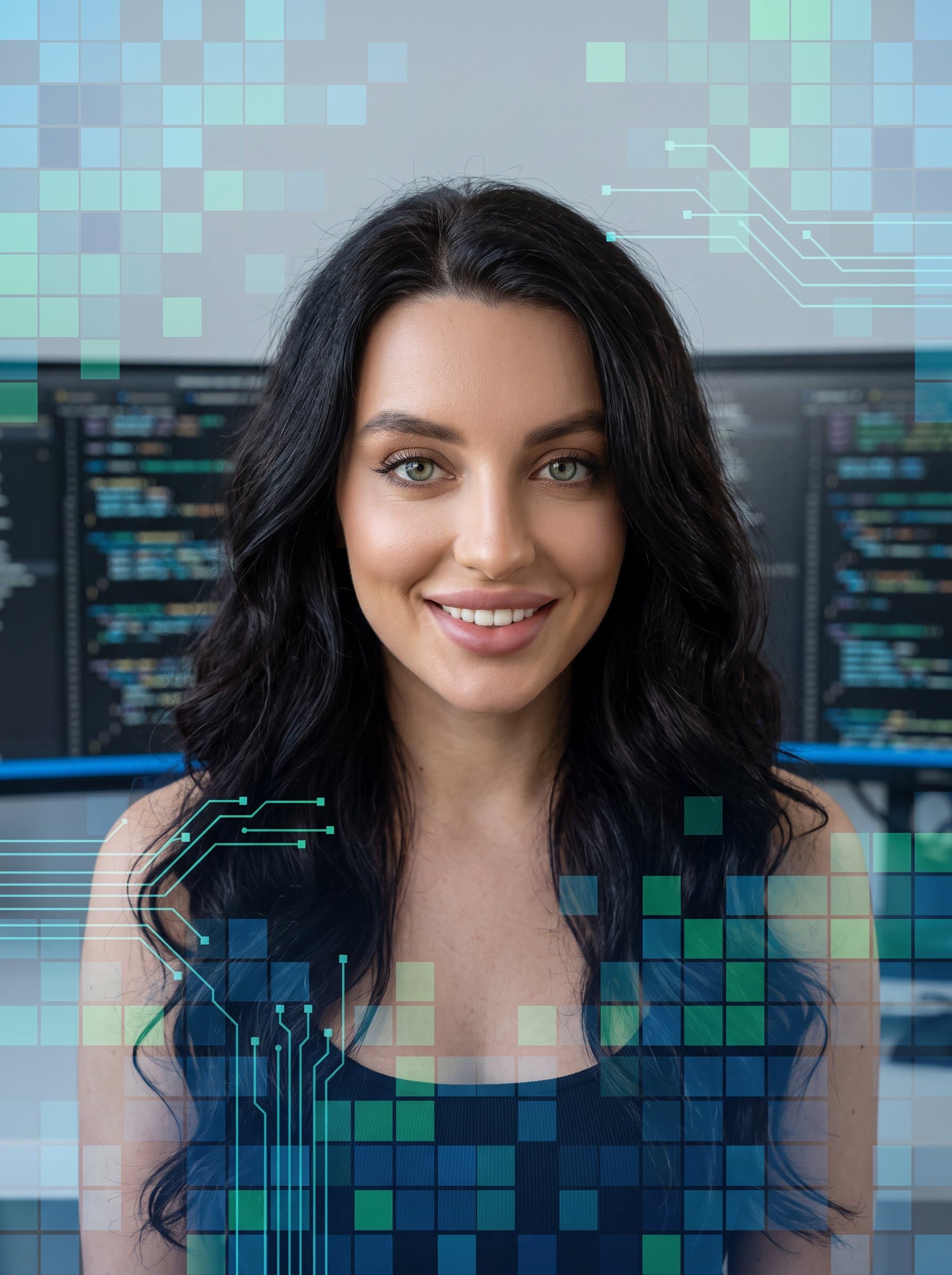 : Capture the essence of a developer's creativity with a headshot framed by pixelated elements. The woman's face is well-lit, exuding confidence against a neutral tech-inspired background.