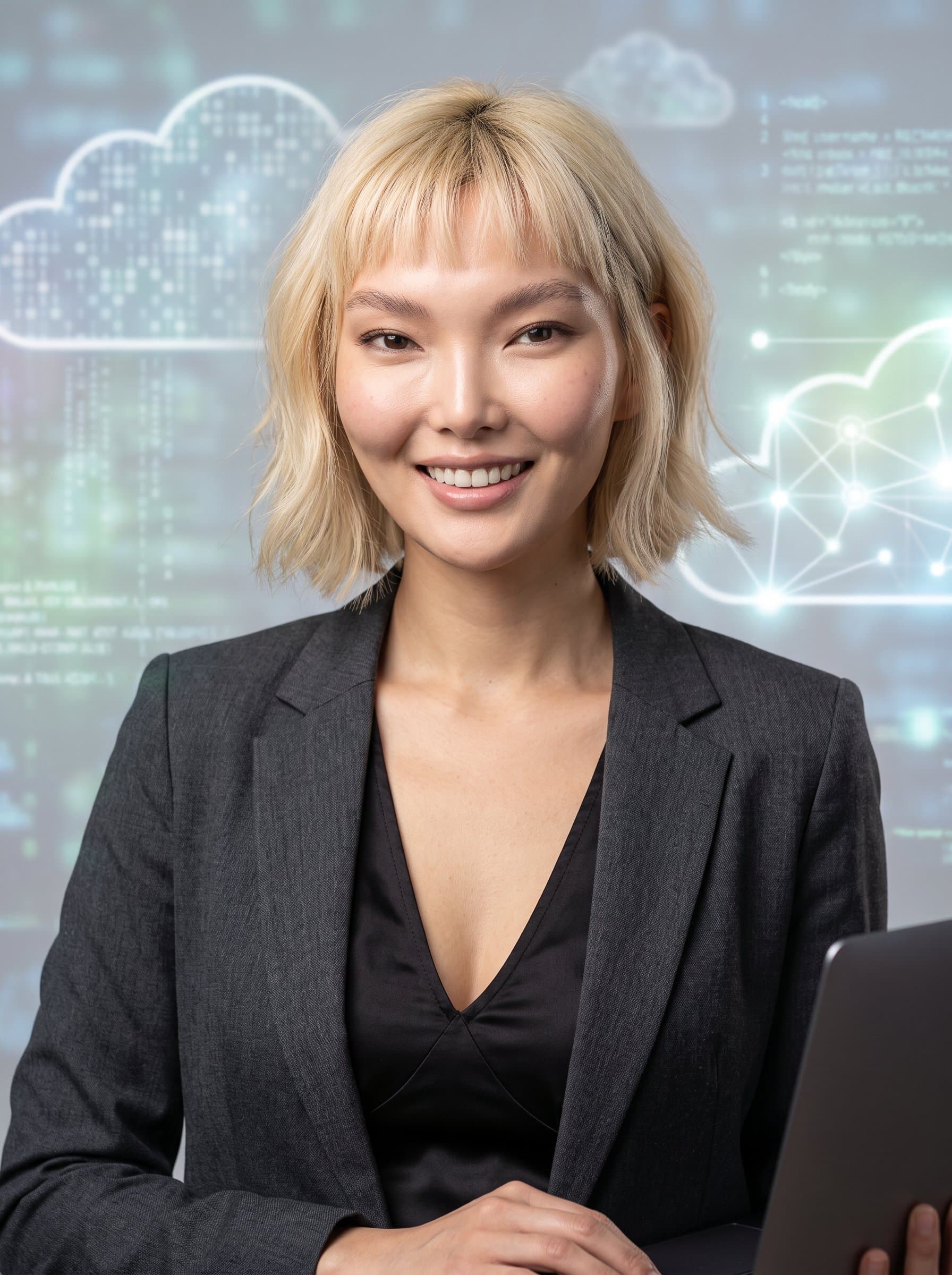 : A professional AI headshot featuring a developer amidst soft, digital cloud patterns. Balanced lighting on the woman's face exudes confidence, with muted colors suggesting innovation and tech proficiency.