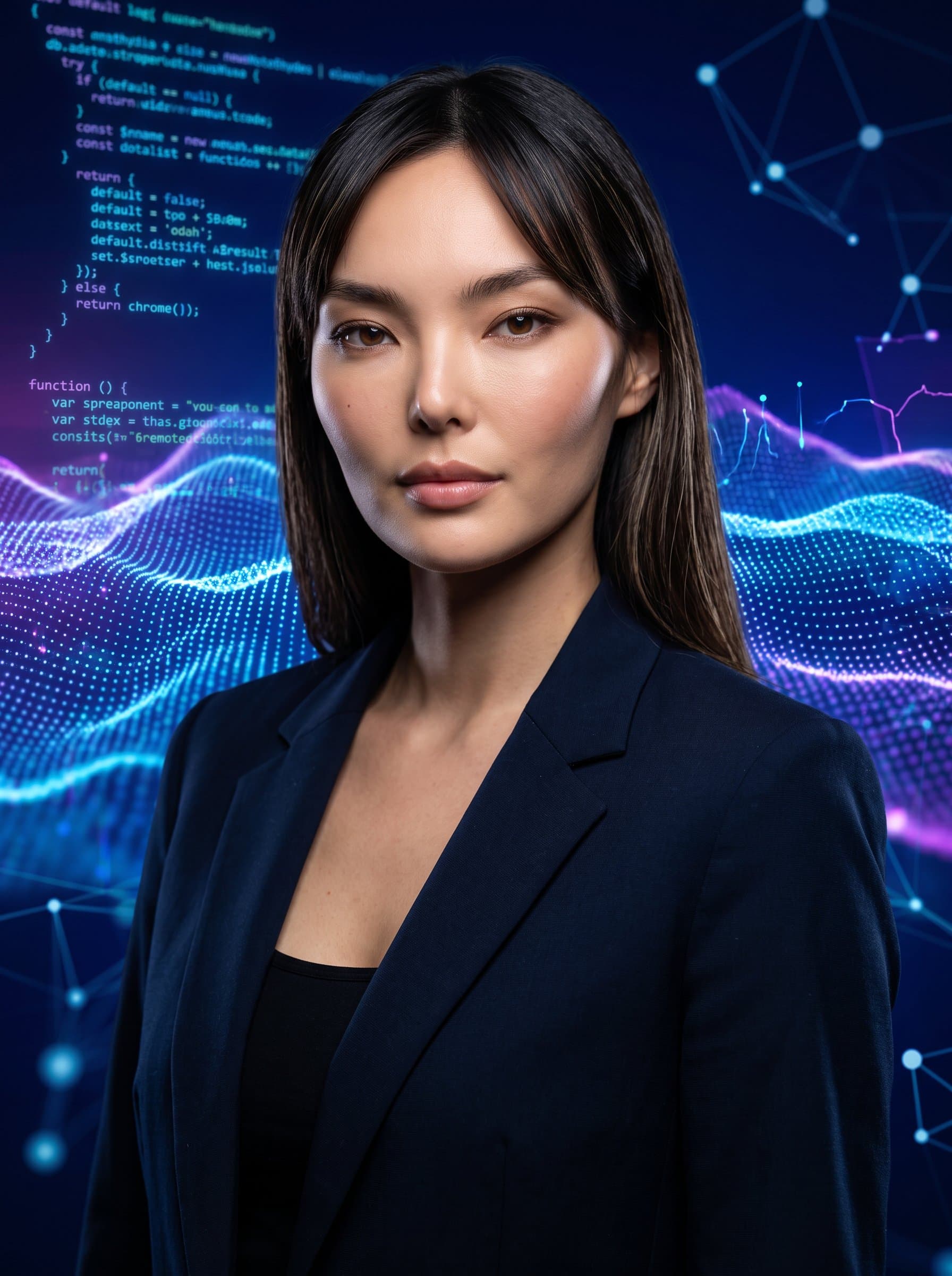 : Capture a developer's technical prowess with a clear headshot set against a background of digital waves. Use bold lighting to define facial features, ensuring a confident and professional look.