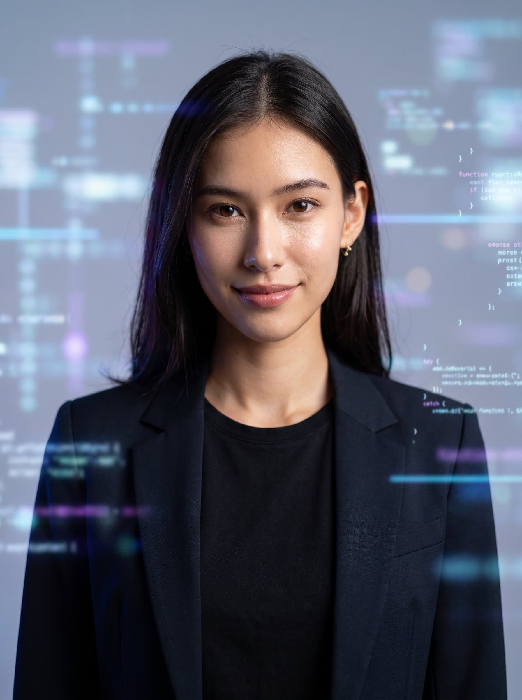 : Feature a developer in a creative headshot with a minimalist backdrop of abstract digital elements. Use soft lighting to enhance facial features, suggesting tech expertise and modernity.