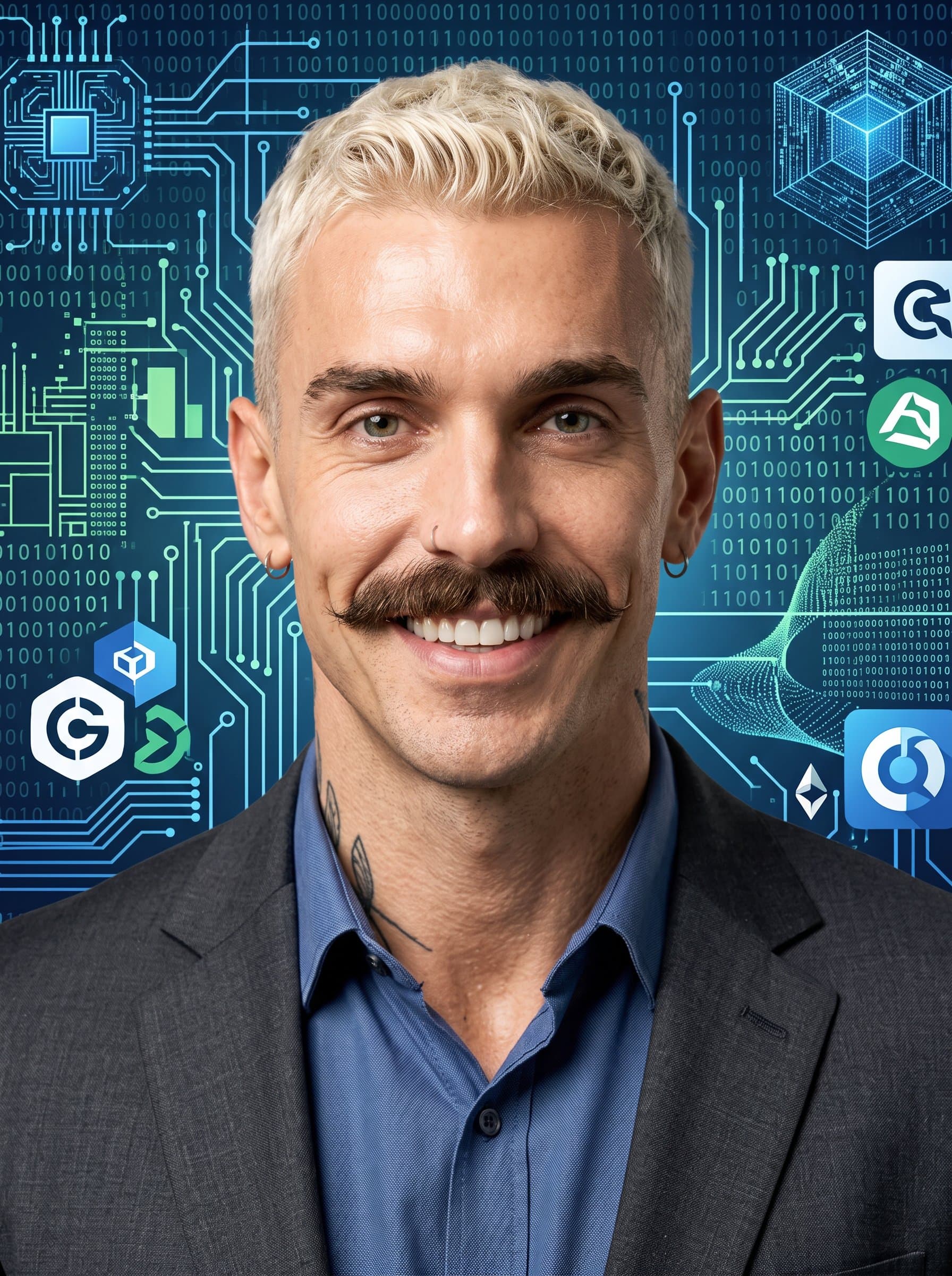 : Present a developer's headshot with a digital mosaic background, emphasizing a confident expression. Ensure clear and even lighting on the man's face, capturing a blend of professionalism and innovation.