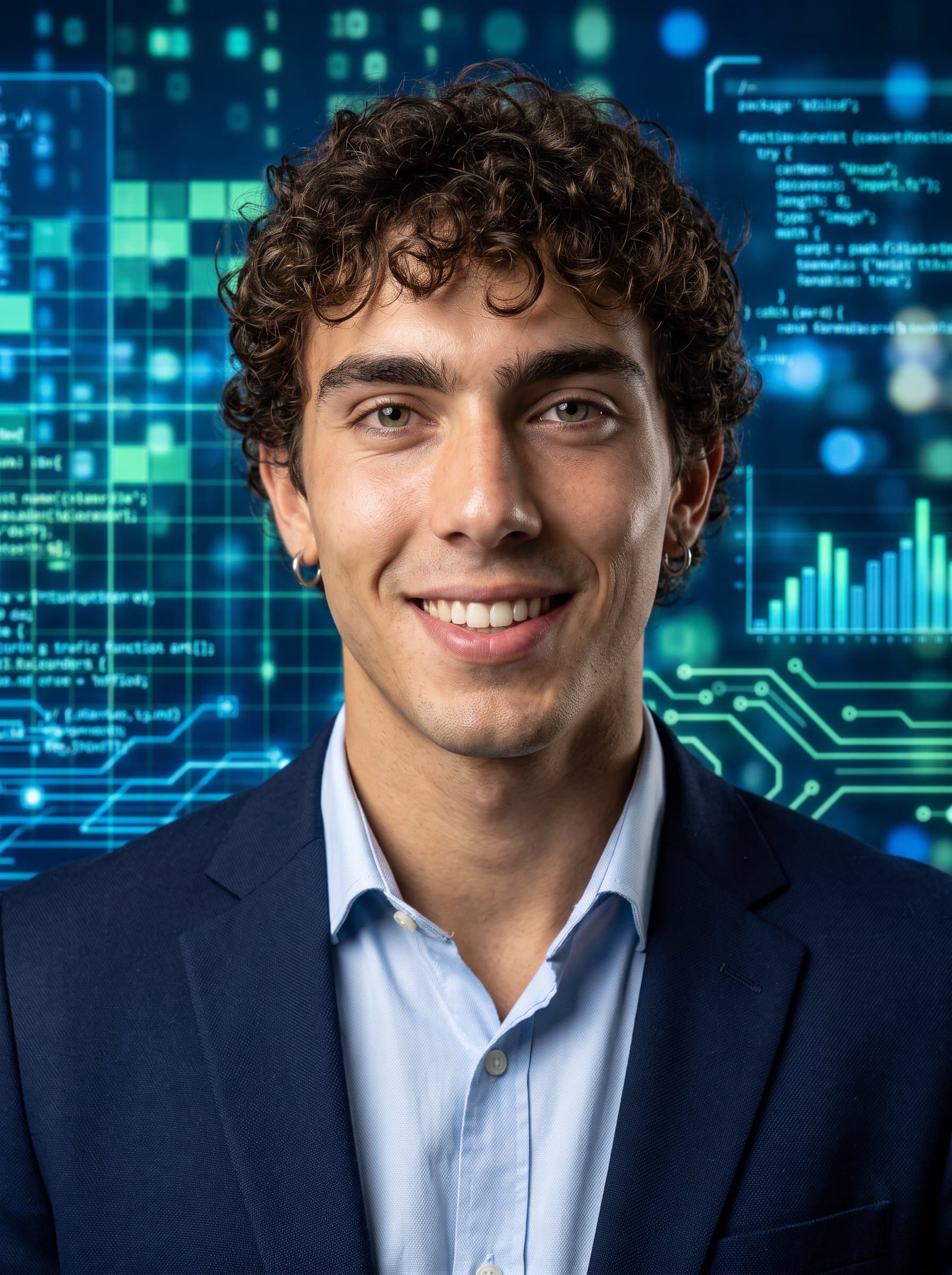 : Highlight a developer's innovative spirit with a headshot against a backdrop of digital grids. Ensure clear lighting, giving focus to a confident expression and well-defined facial features.