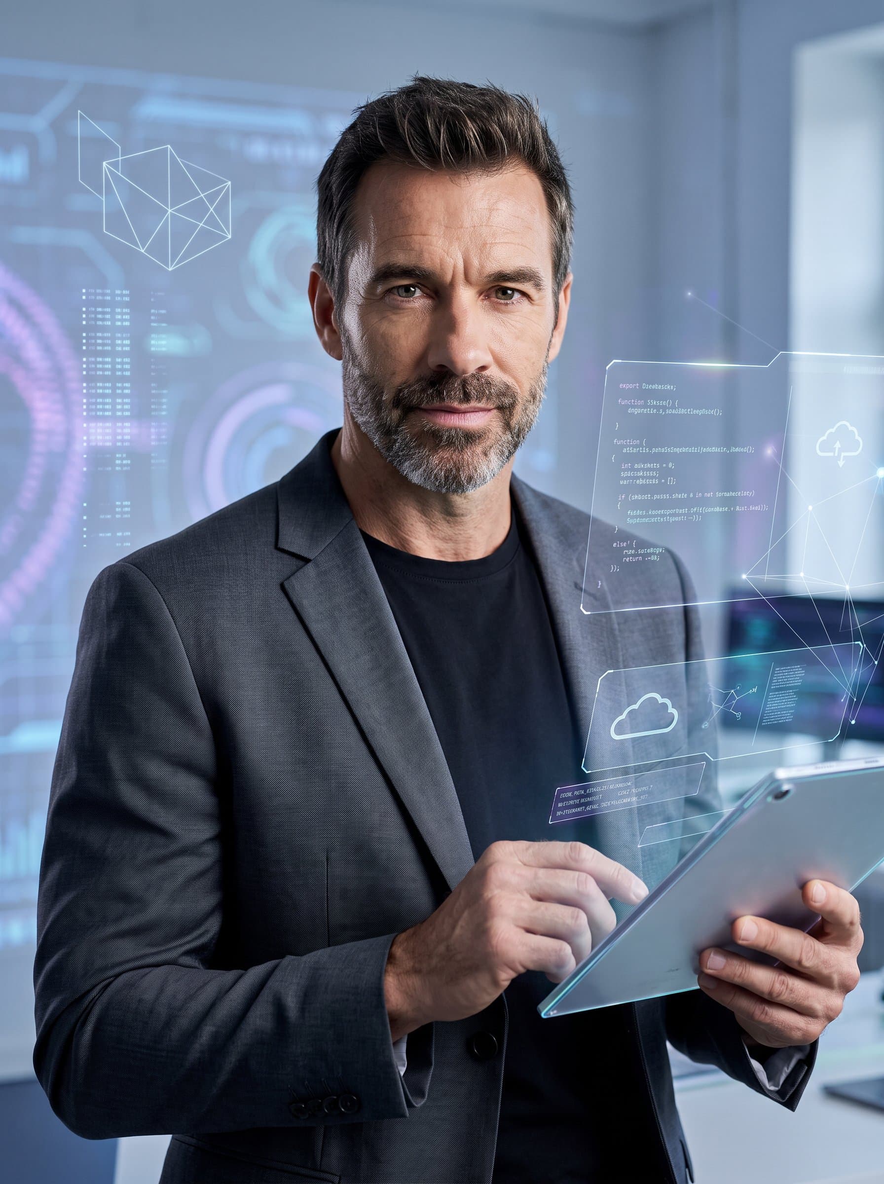 : A developer's headshot with a futuristic touch, set against subtle holographic patterns. The man's face is illuminated by soft, natural lighting, showcasing a blend of innovation and professionalism.