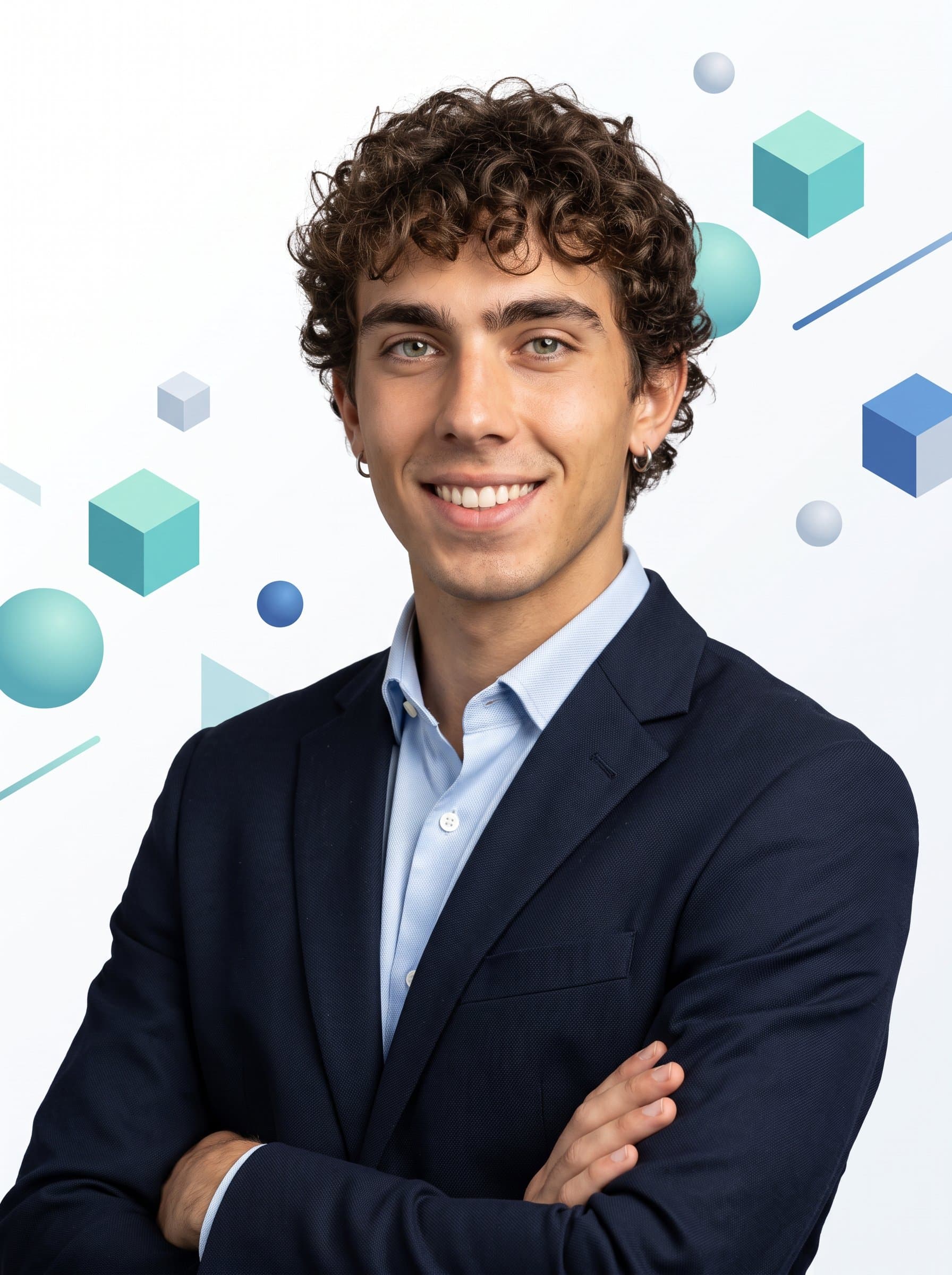 : Create a headshot with a confident pose, set against a clean white background with abstract geometric shapes. Use a cool color palette to convey a sense of modernity and technical skill.