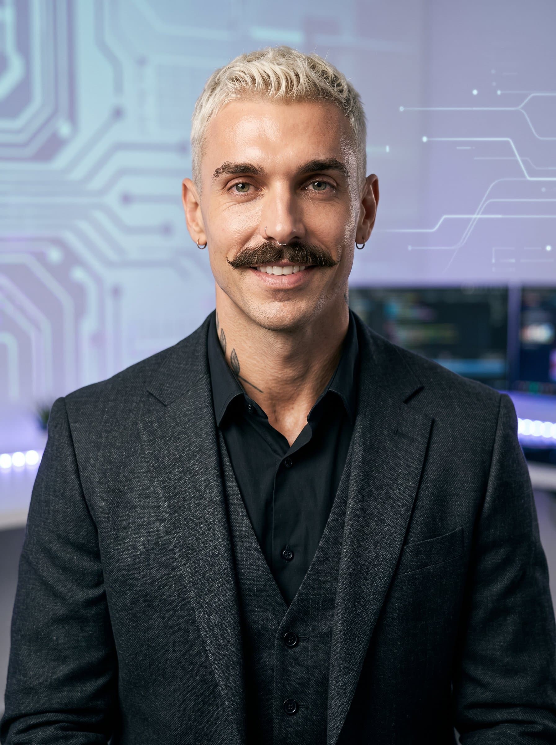 : A sophisticated headshot featuring a developer with a composed demeanor. The background includes faint tech motifs, with lighting that highlights the man's confident expression and expertise.