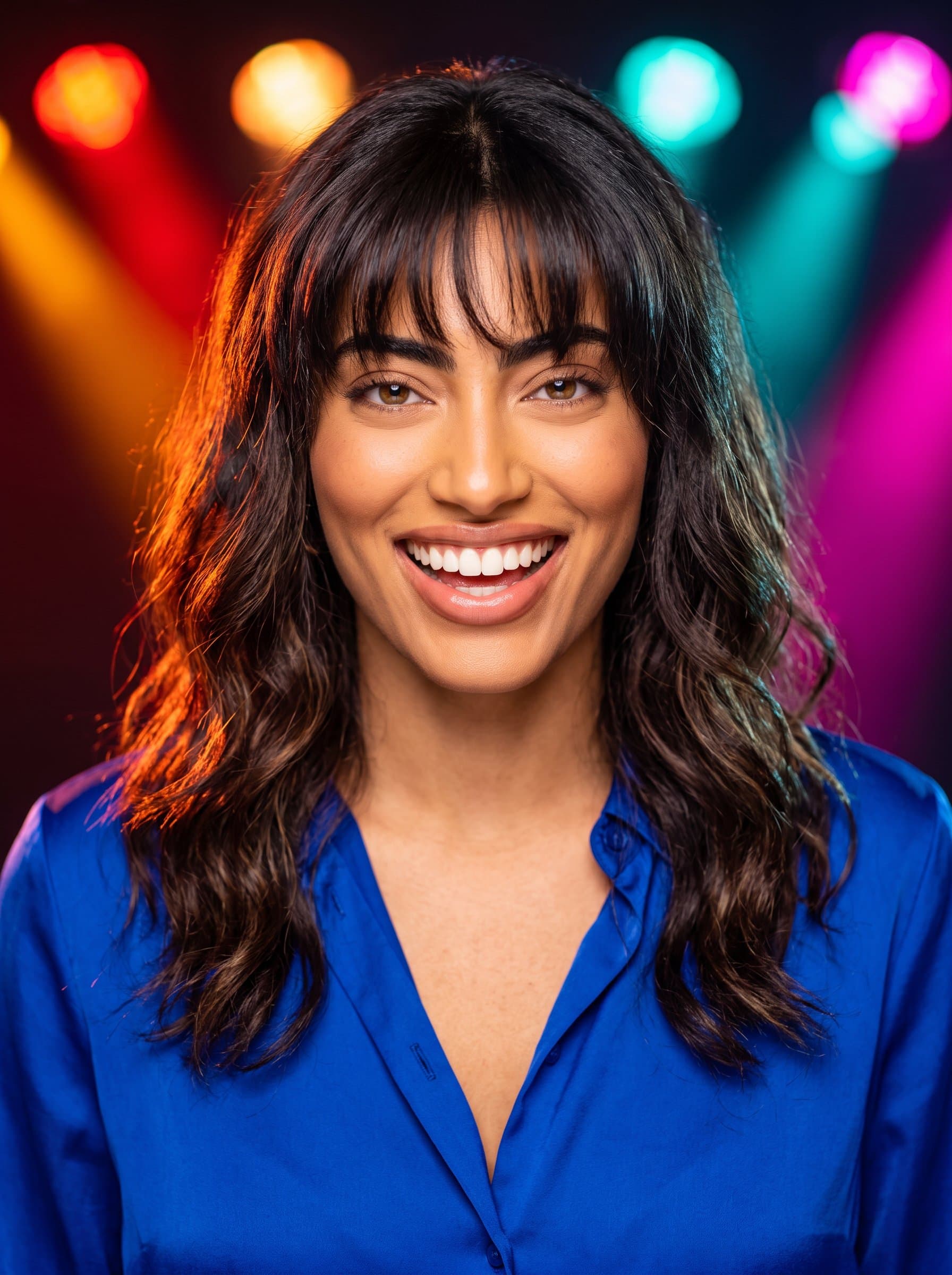 Generate a headshot featuring vibrant colors and a confident expression, emphasizing charisma and stage presence to suit dynamic, energetic characters in an actor's repertoire.