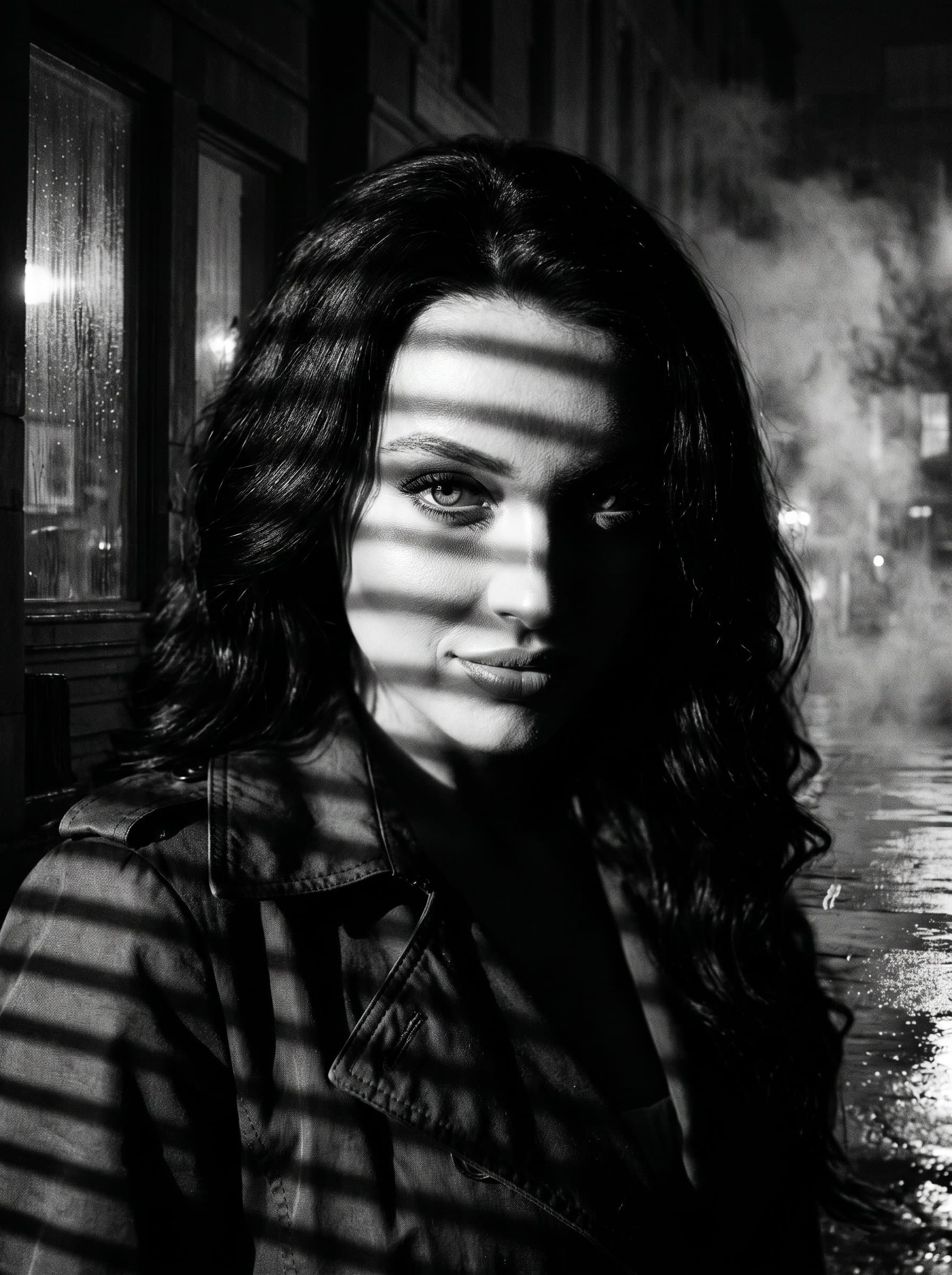 Capture a headshot in a dramatic noir style with high contrast, focusing on deep shadows and highlights to evoke mystery and intensity for a versatile acting portfolio.