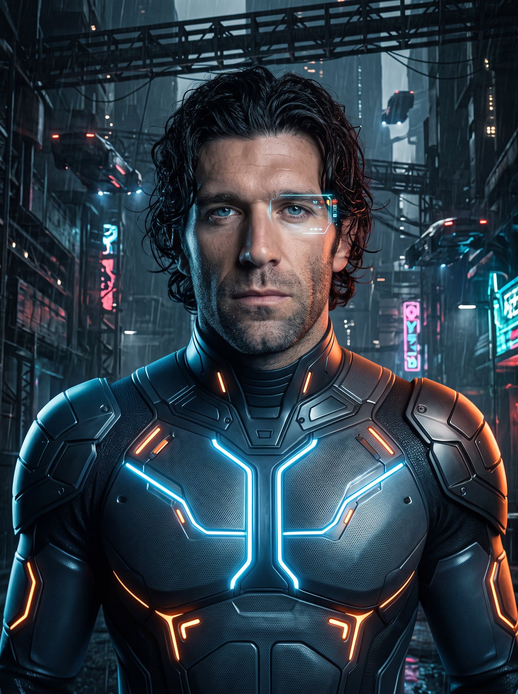 Design a headshot in a futuristic theme with sleek styling and bold contrasts, ideal for science fiction or dystopian narratives.
