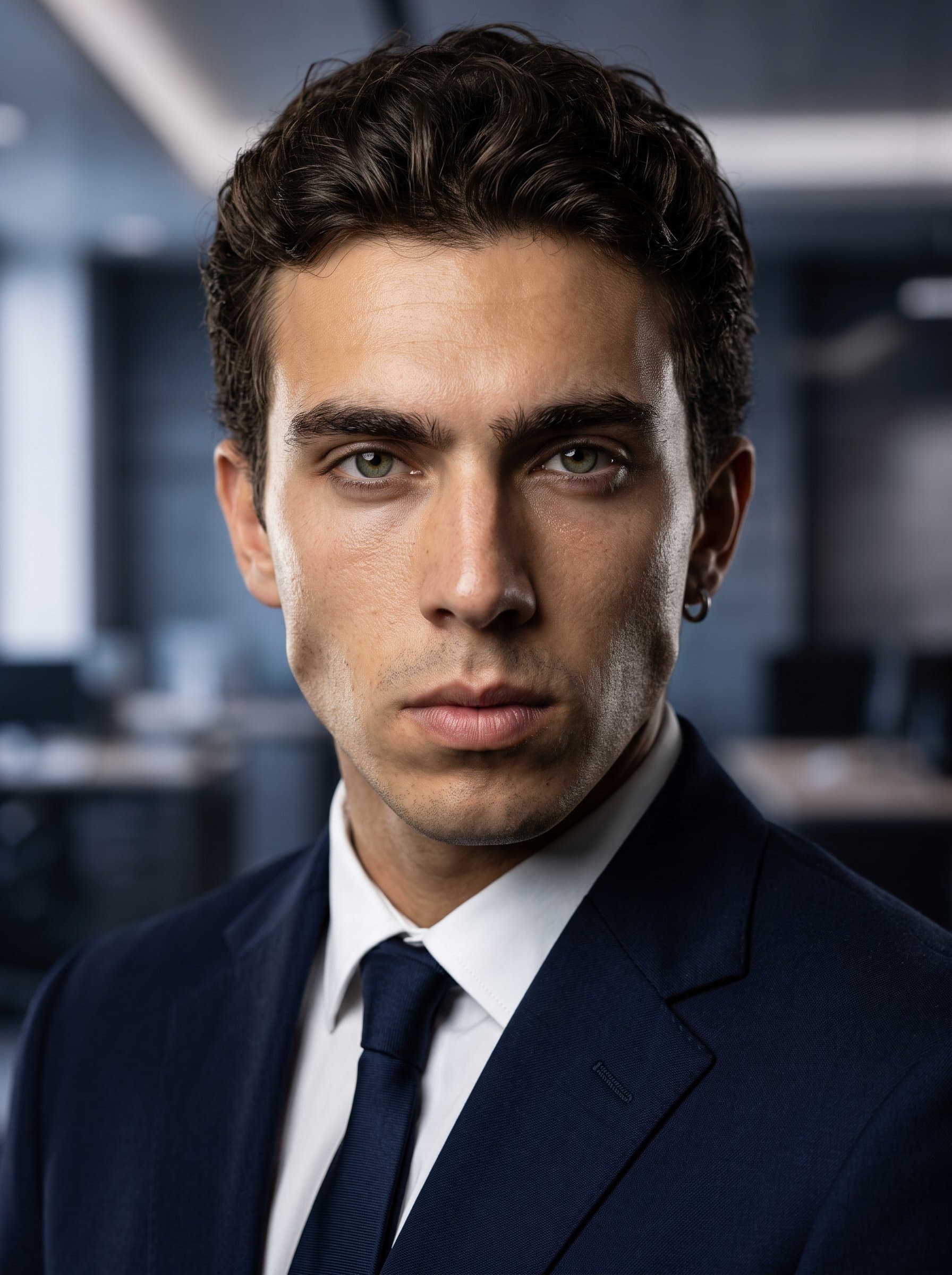 Produce a headshot with an authoritative look, sharp angles, and a strong jawline, ideal for roles in leadership or law enforcement scenarios.