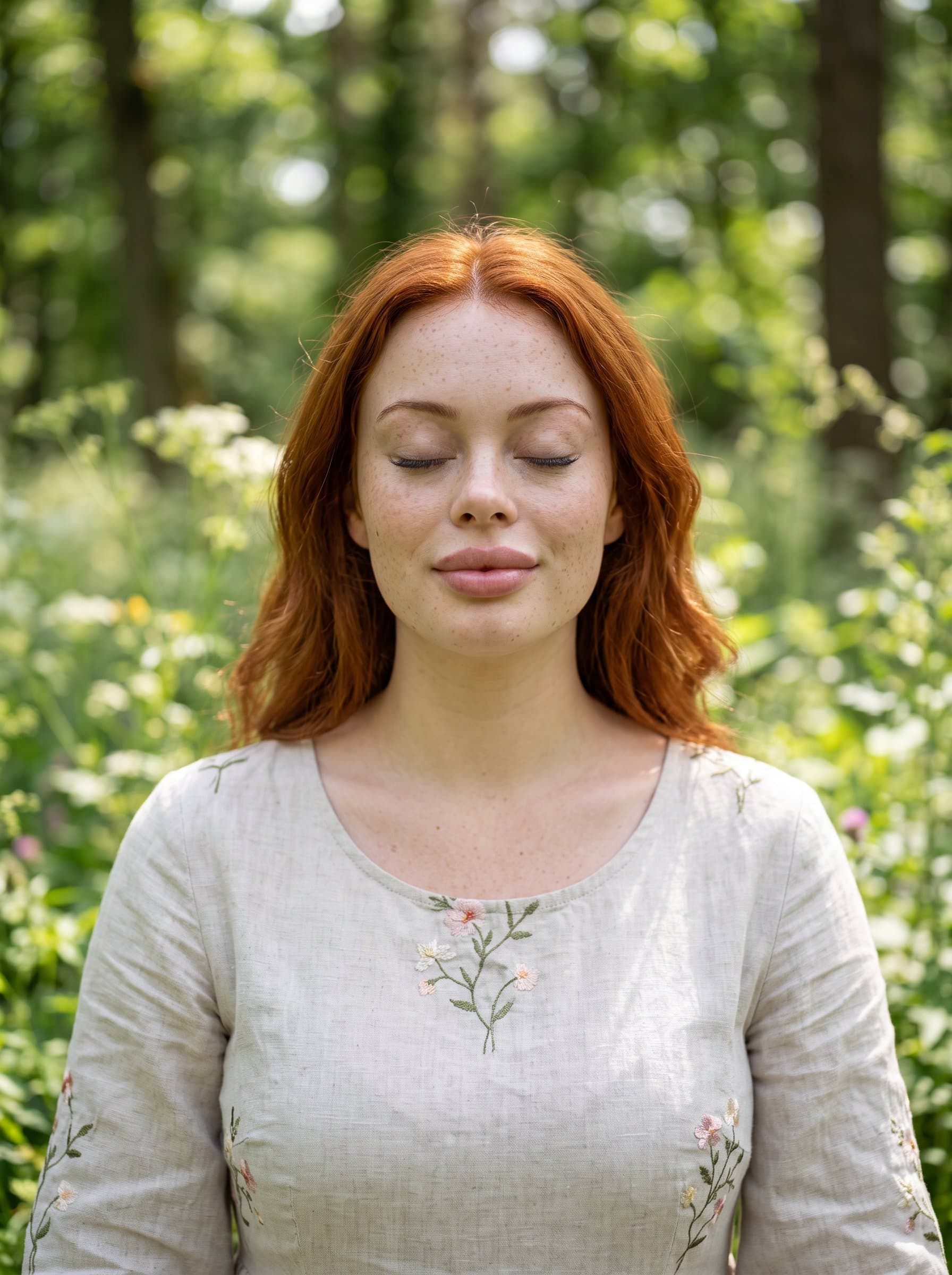 Create a headshot with a serene, meditative expression, using natural elements and soft backgrounds, expressing tranquility and depth for reflective character roles.