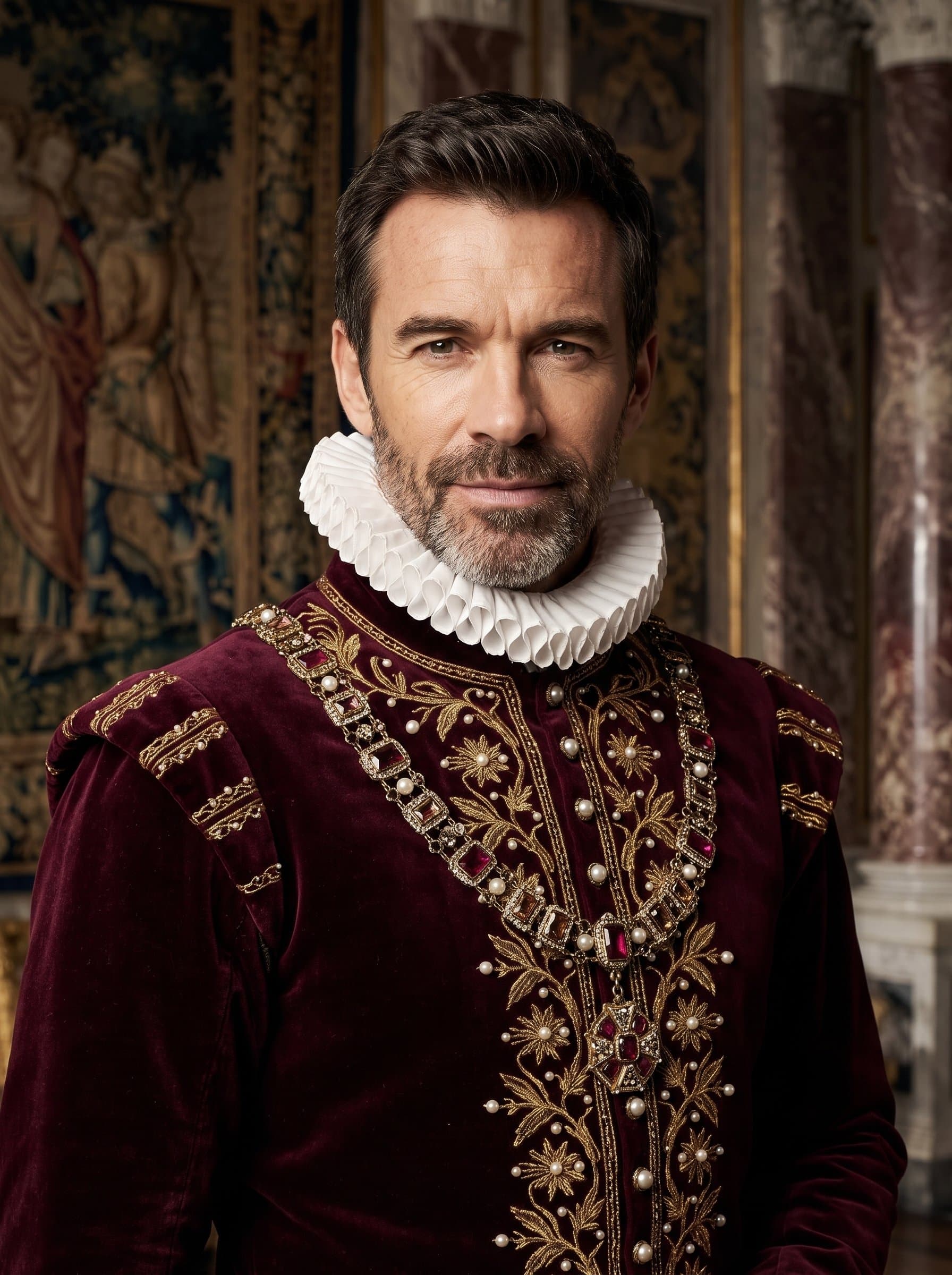 Capture a headshot in a regal, noble style with opulent attire and poised posture, ideal for period dramas or roles of royalty.