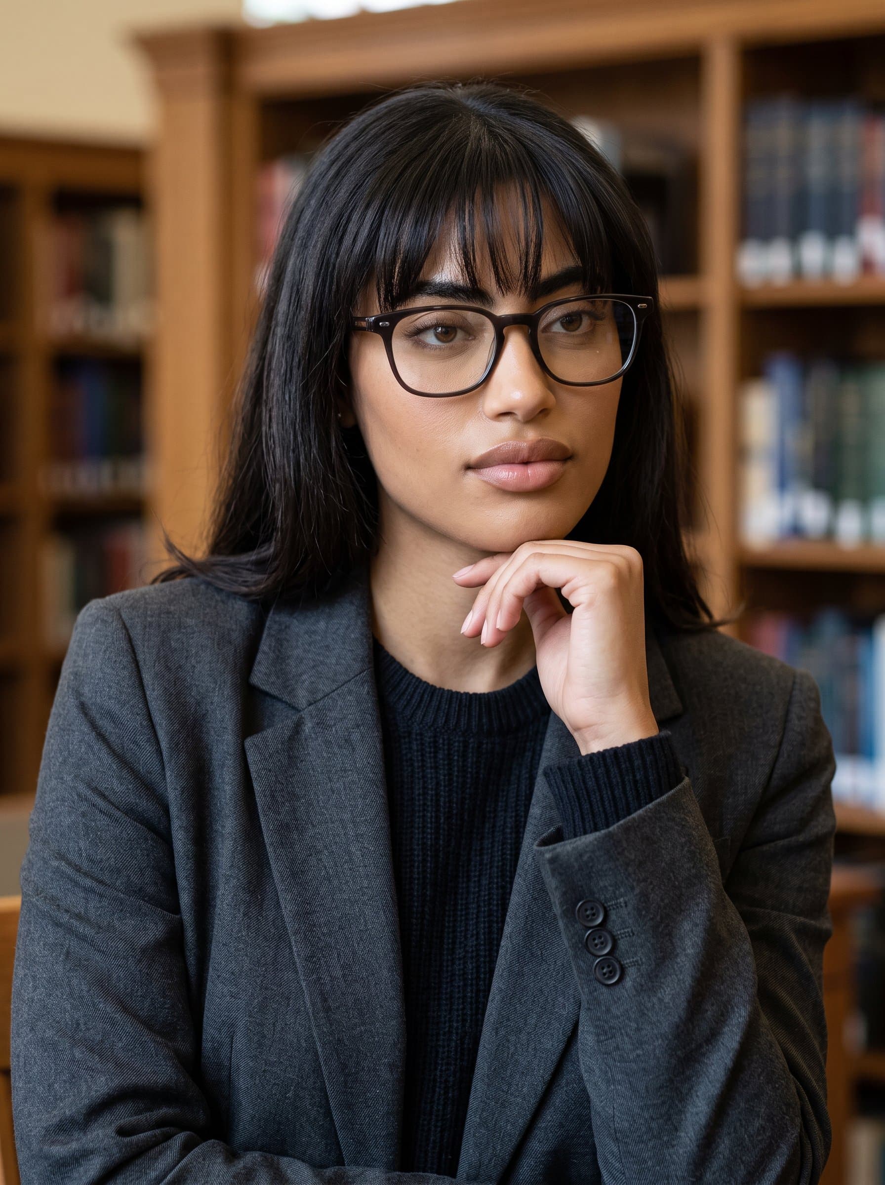 Design a headshot highlighting intellectual depth with glasses and a thoughtful expression, suited for academic or cerebral character portrayals.