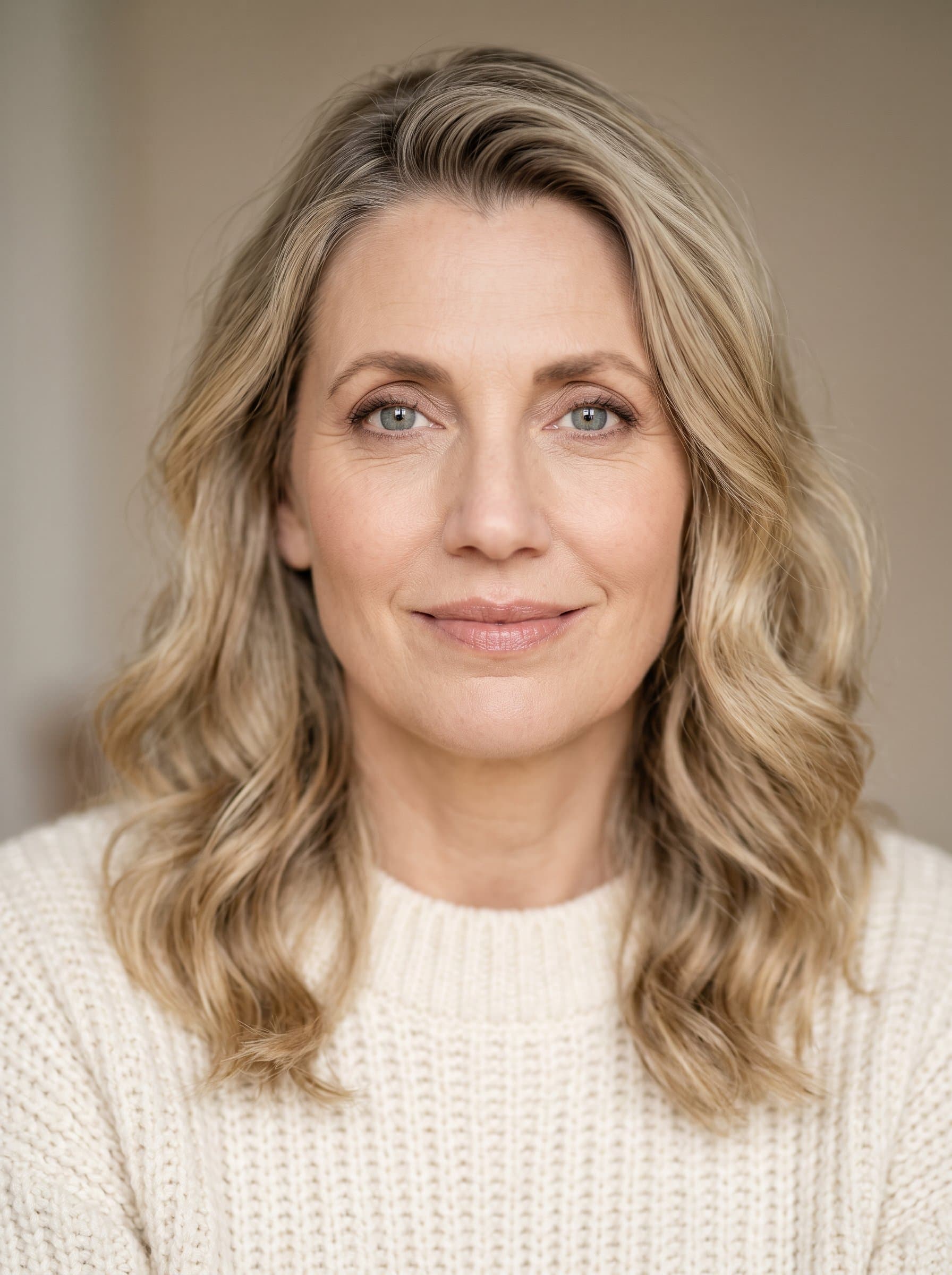 Capture a headshot emphasizing vulnerability and warmth with soft lighting and an open expression, suitable for empathetic and relatable character portrayals.