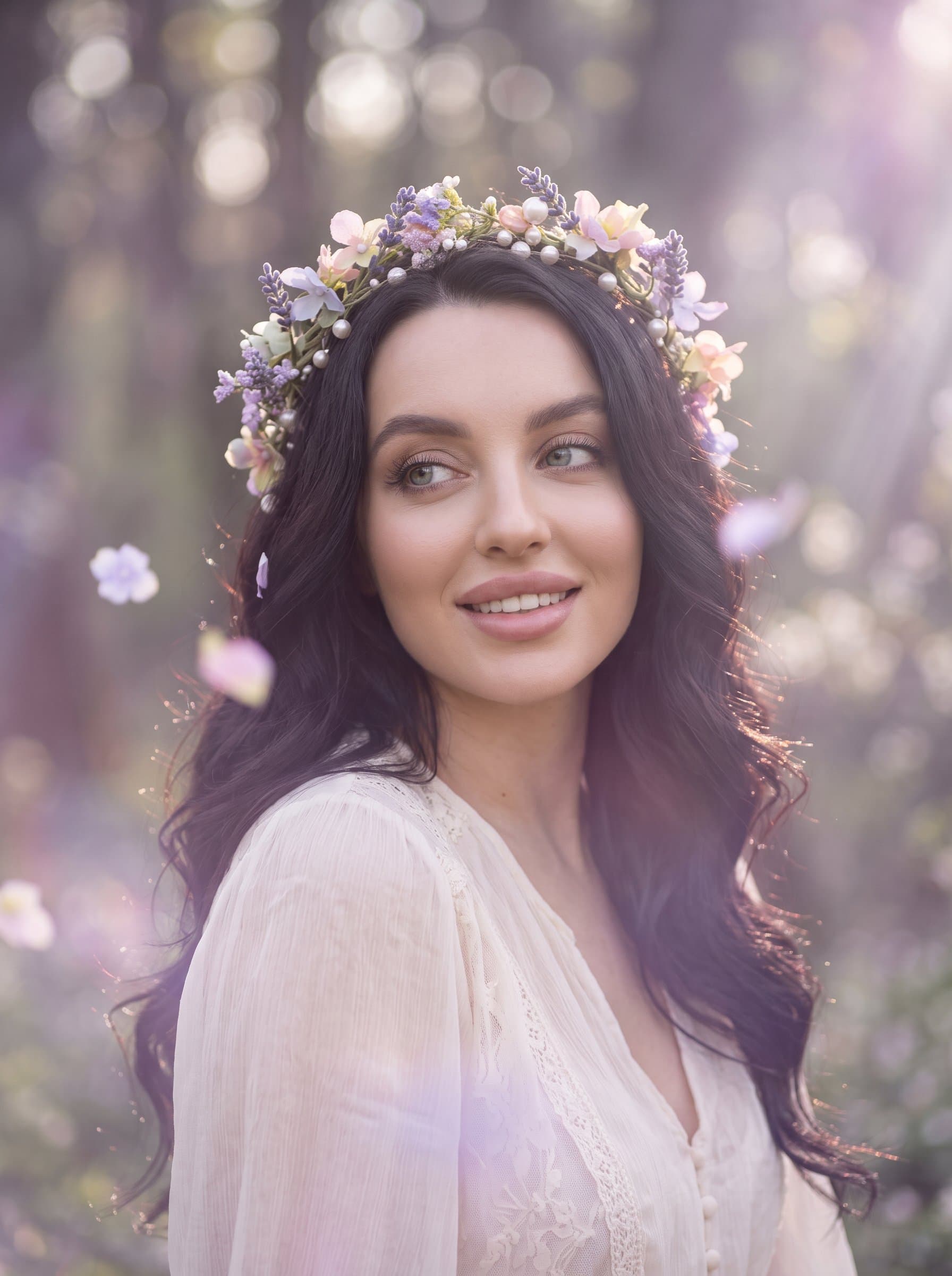 Capture a headshot portraying a whimsical, dreamy aura with pastel colors and soft focus, suitable for fantastical or magical character roles.