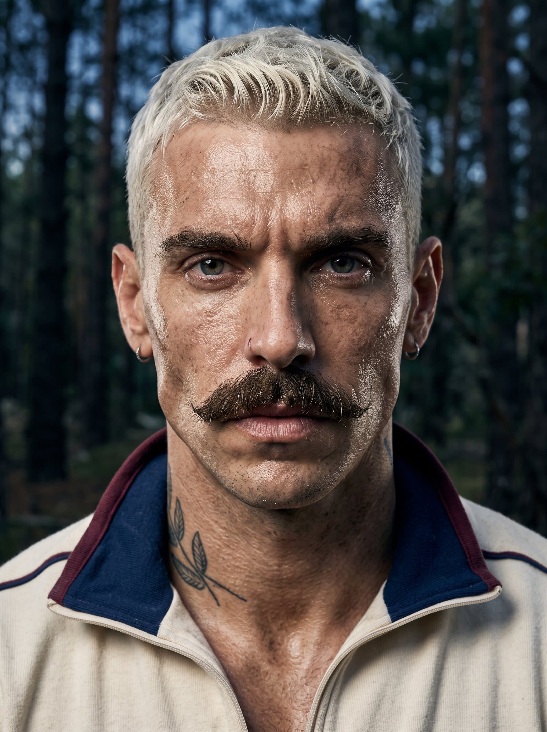 Generate a headshot emphasizing resilience and determination, capturing rugged features and a strong jawline for inspirational or survivalist roles.