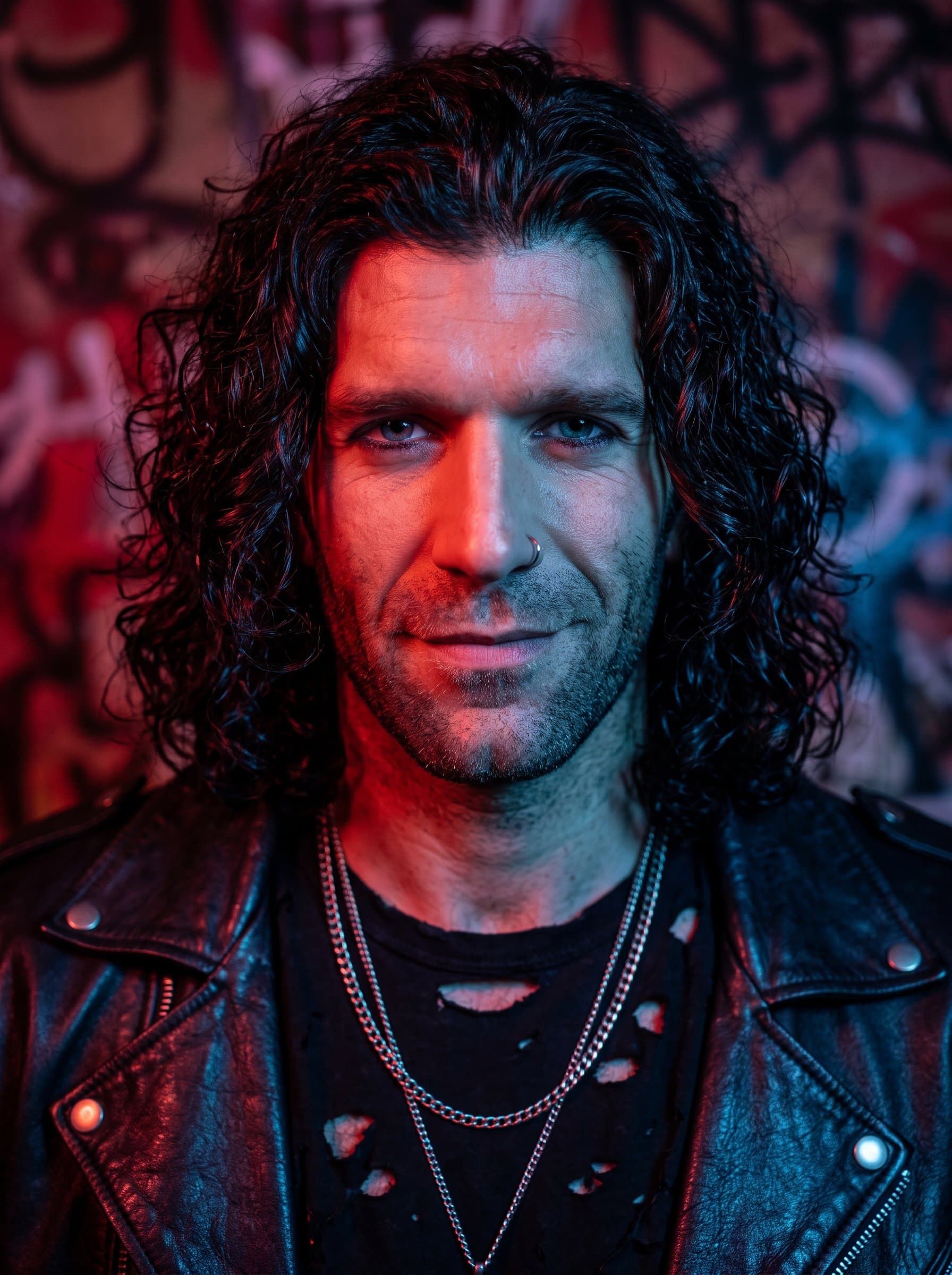 Produce a headshot with an edgy, rebellious aesthetic, using bold lighting and a confident smirk, perfect for roles in punk or alternative scenes.