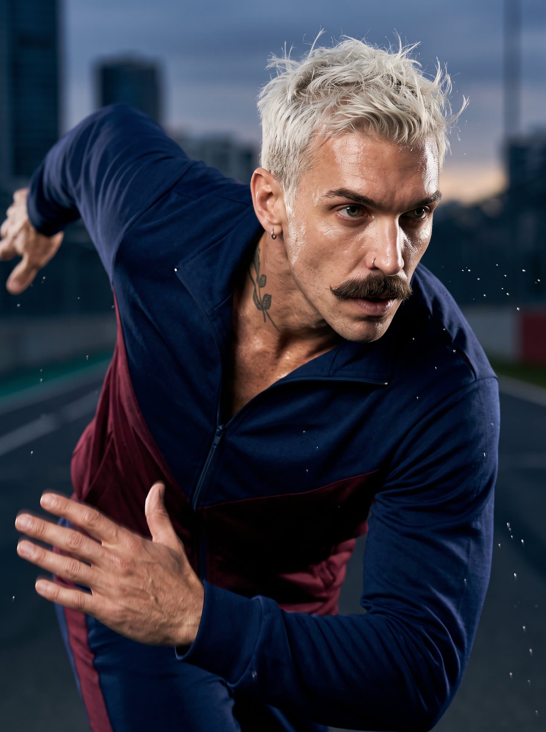 Generate a headshot focusing on dynamic motion, capturing a mid-action pose with energy and vitality for roles in action or athletic genres.