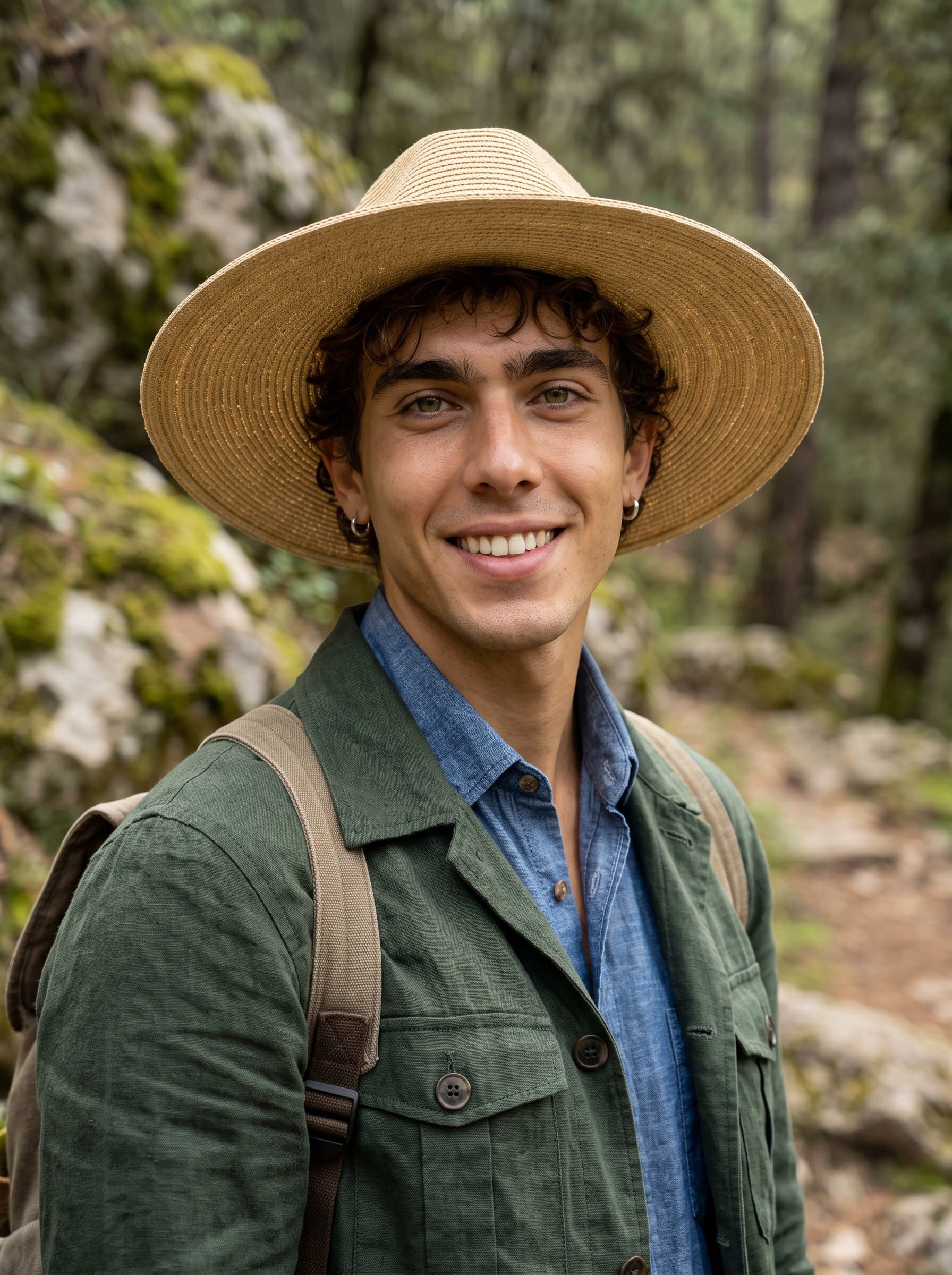 Design a headshot in an adventurous, outdoorsy style with natural textures and a confident smile, ideal for roles in exploration or adventure narratives.